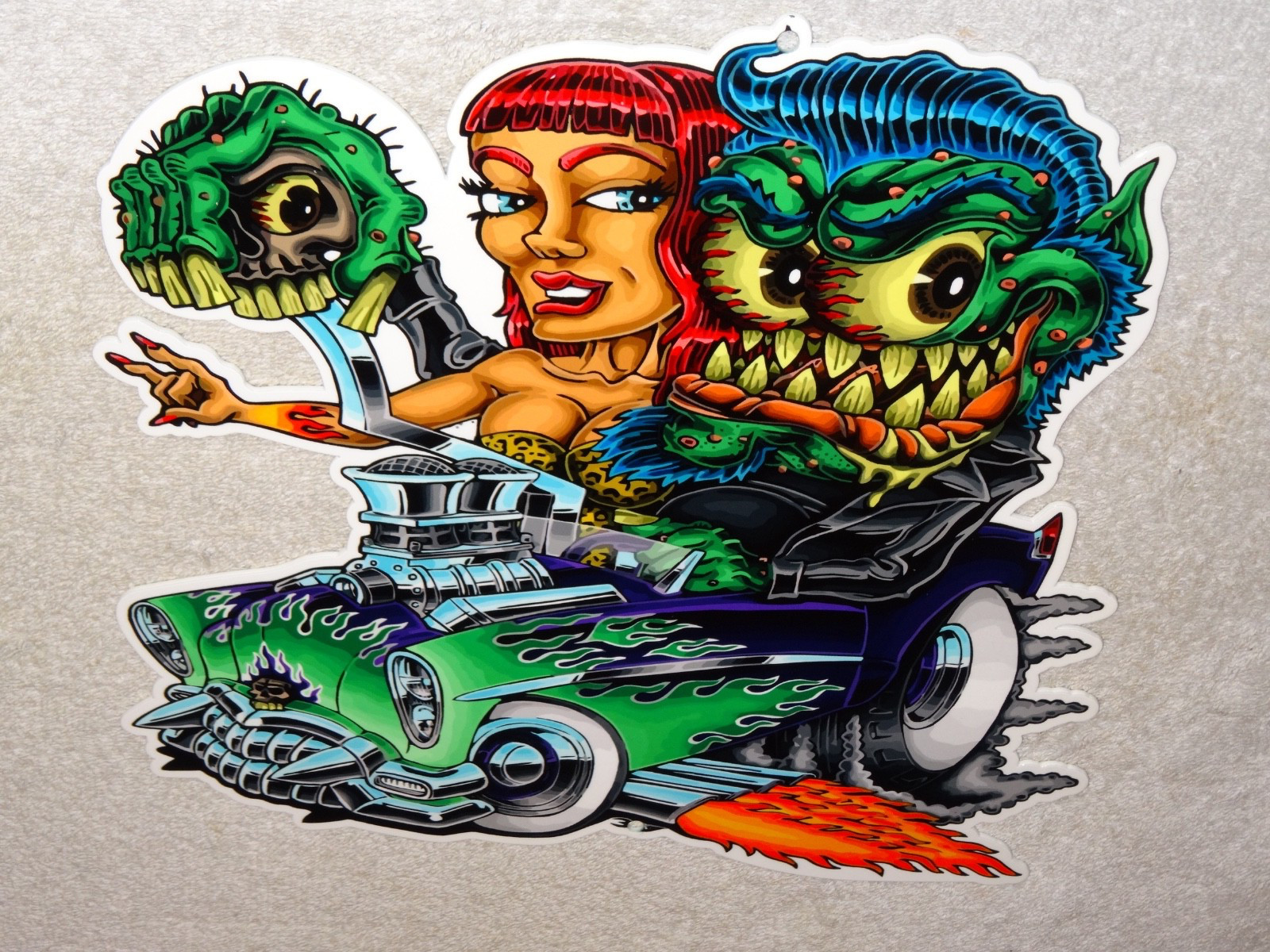 VINTAGE RATFINK DRIVES CAR W/ WOMAN MONSTER 12" METAL GASOLINE OIL RAT FINK SIGN