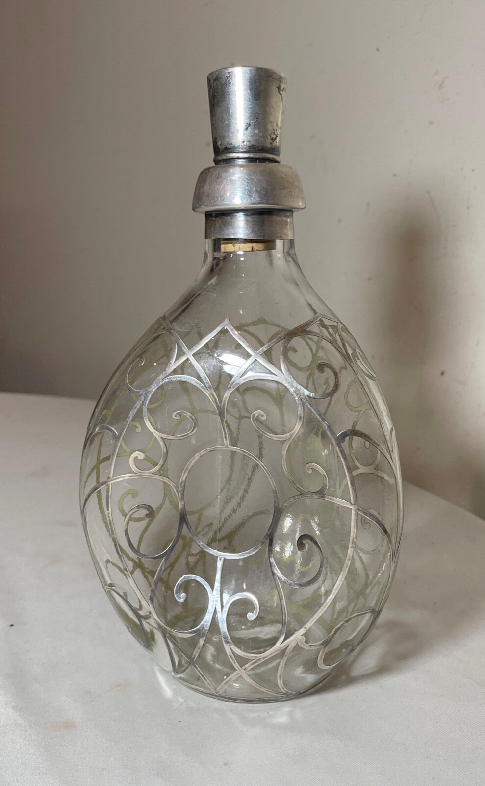 antique ornate sterling silver overlay glass liquor claret decanter bottle jar