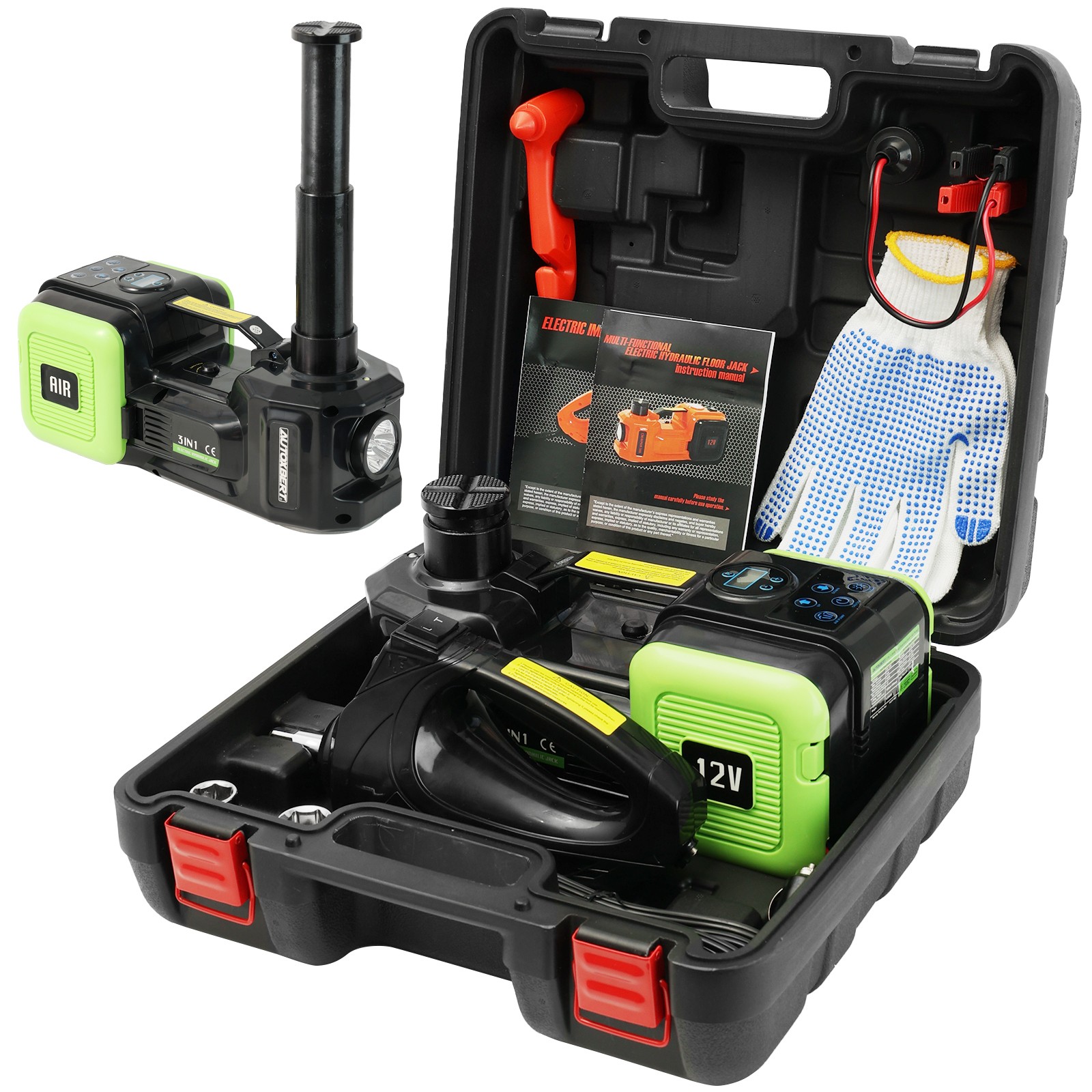 Electric Hydraulic Floor Jack 5 Ton 12V Impact Wrench Tire Inflator Pump Car Kit