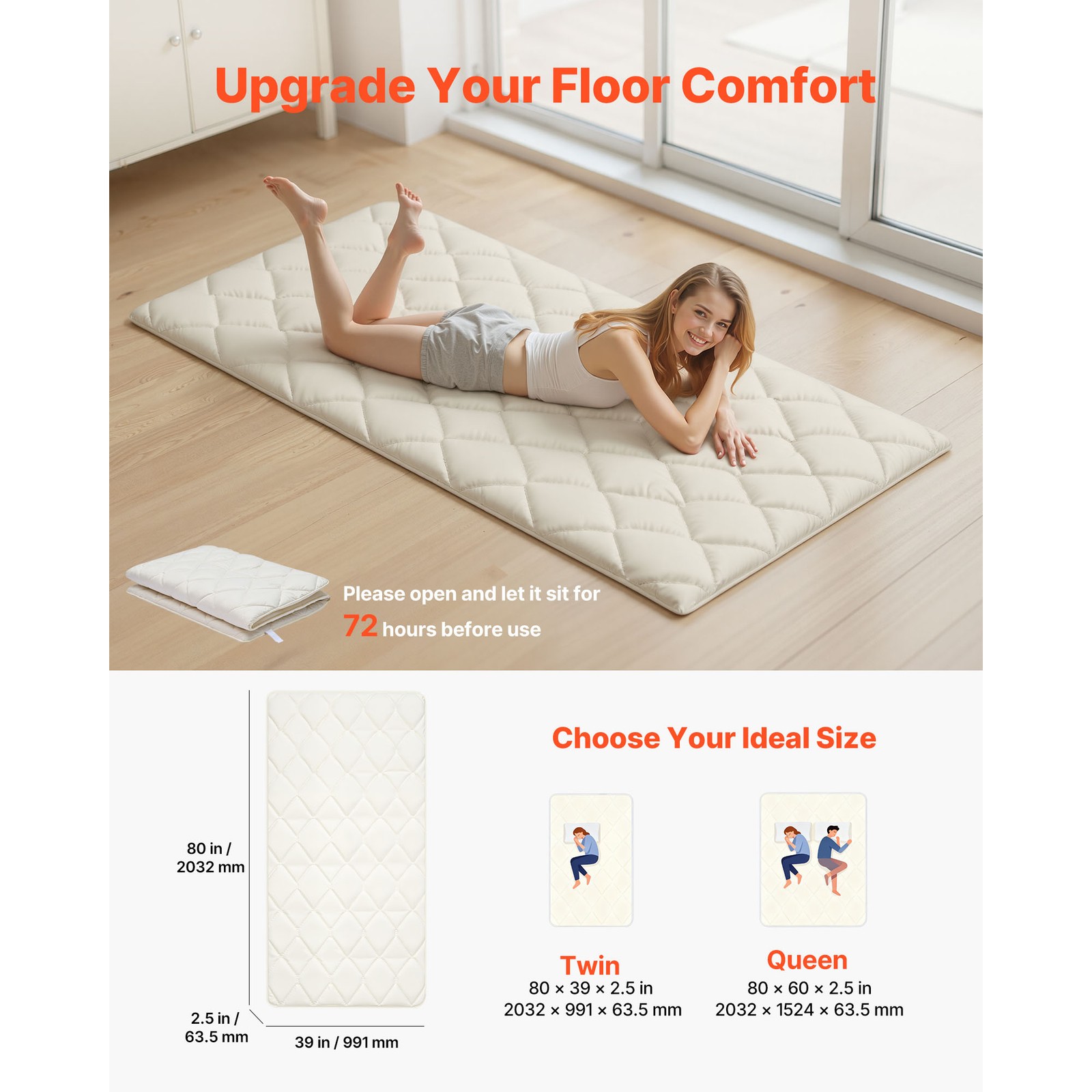 Uimoso Japanese Tatami Mat Twin Foldable Futon Mattress with Storage Bag, White