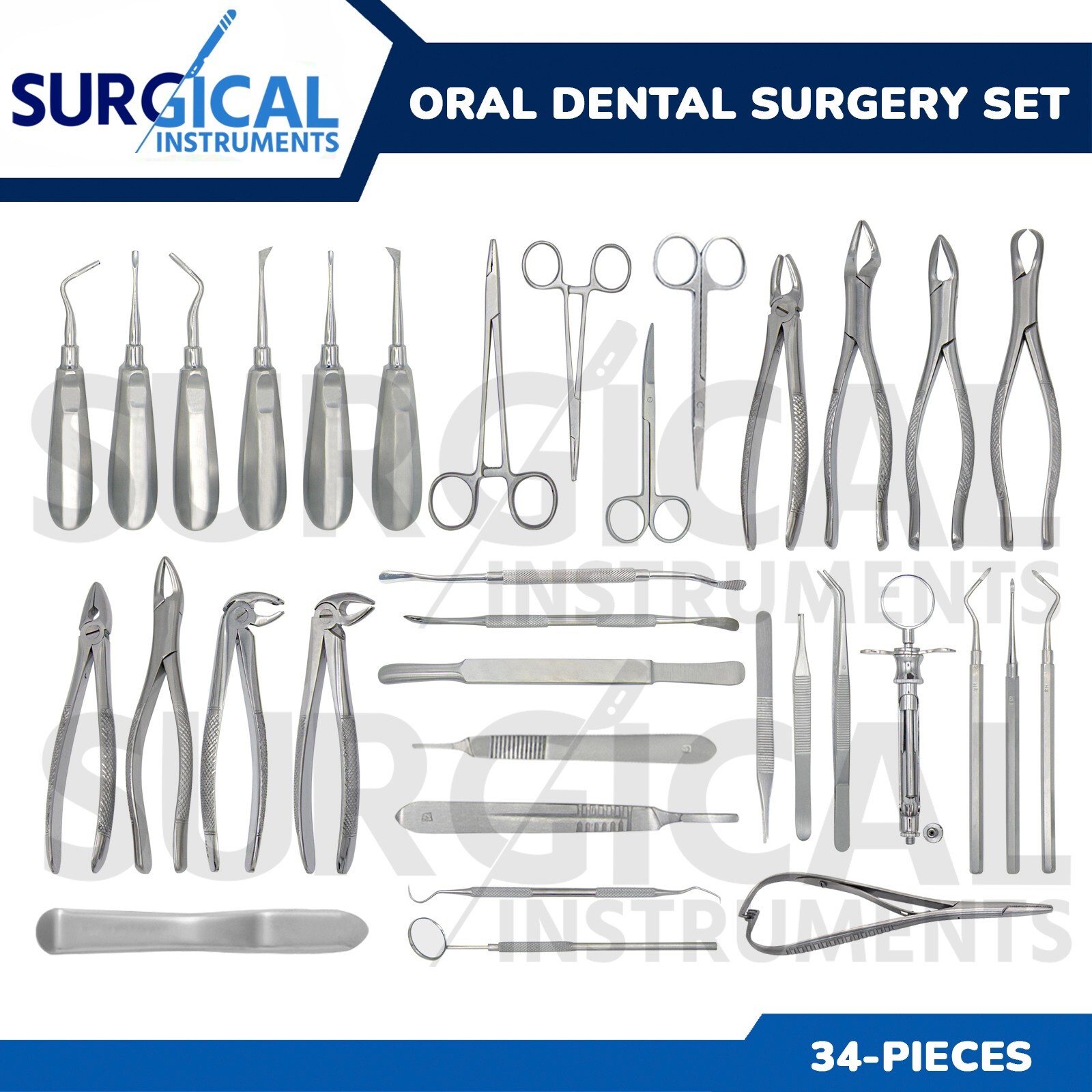 34 Pcs Oral Dental Extraction Surgery Extracting Elevators Forceps Instruments