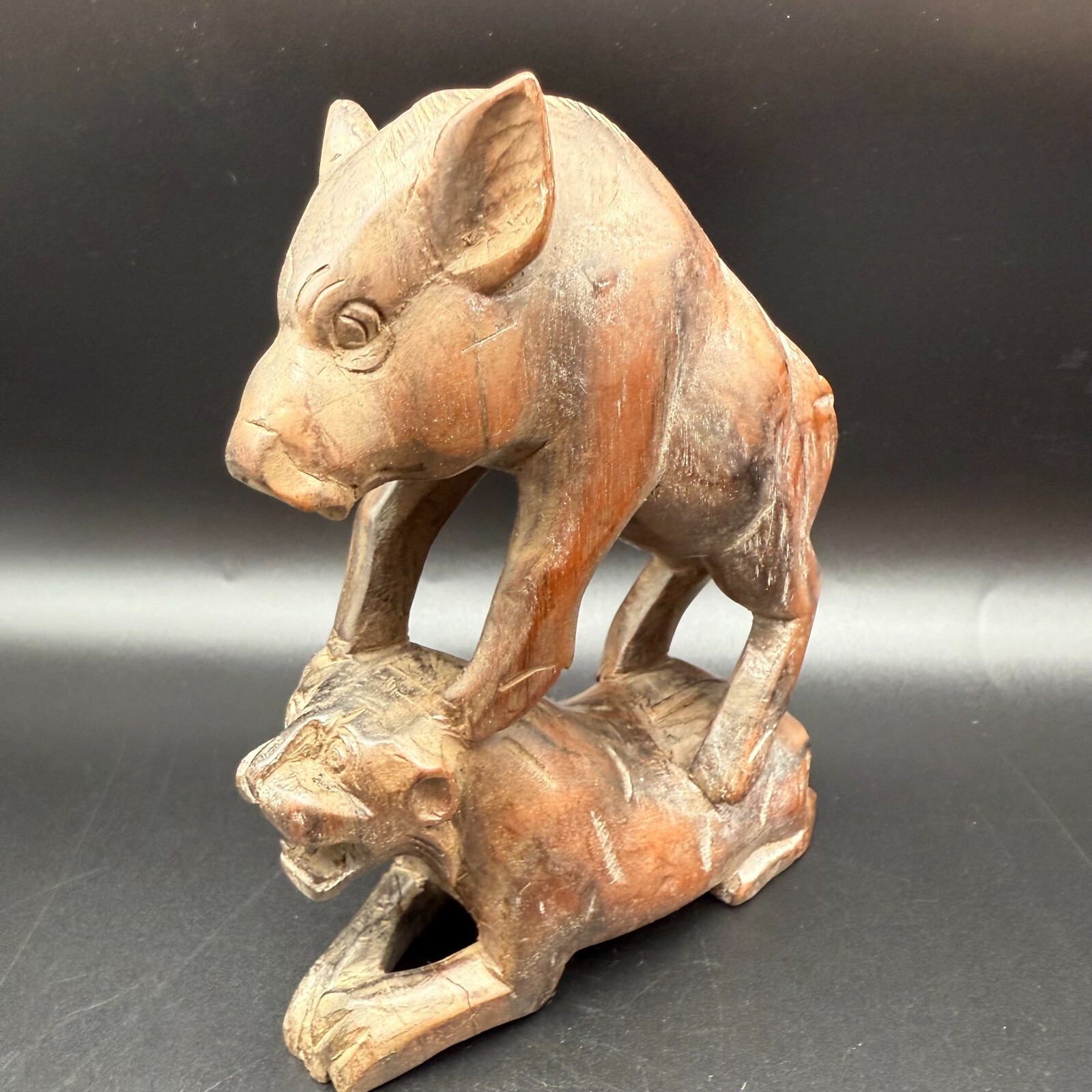 Vintage Hand-Carved Wood Animal Sculpture – Wild Boar Standing Over Lion – Triba