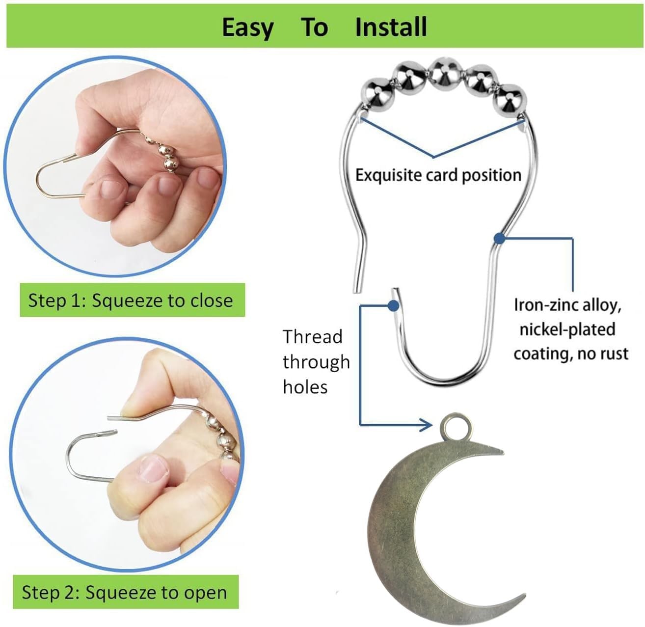 Sun Moon Celestial Shower Curtain Hooks Rustproof Boho Decorative Rings 12 Pack