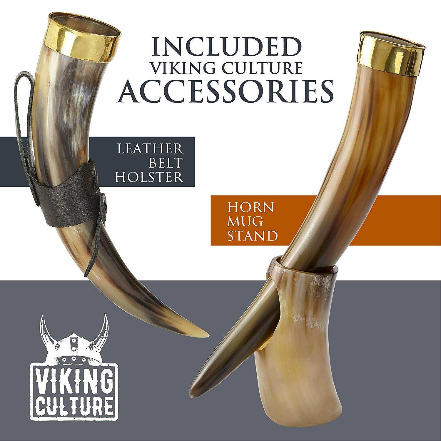 Viking Culture - Viking Horn Mug with Beer Opener, Stand, Genuine Leather Belt