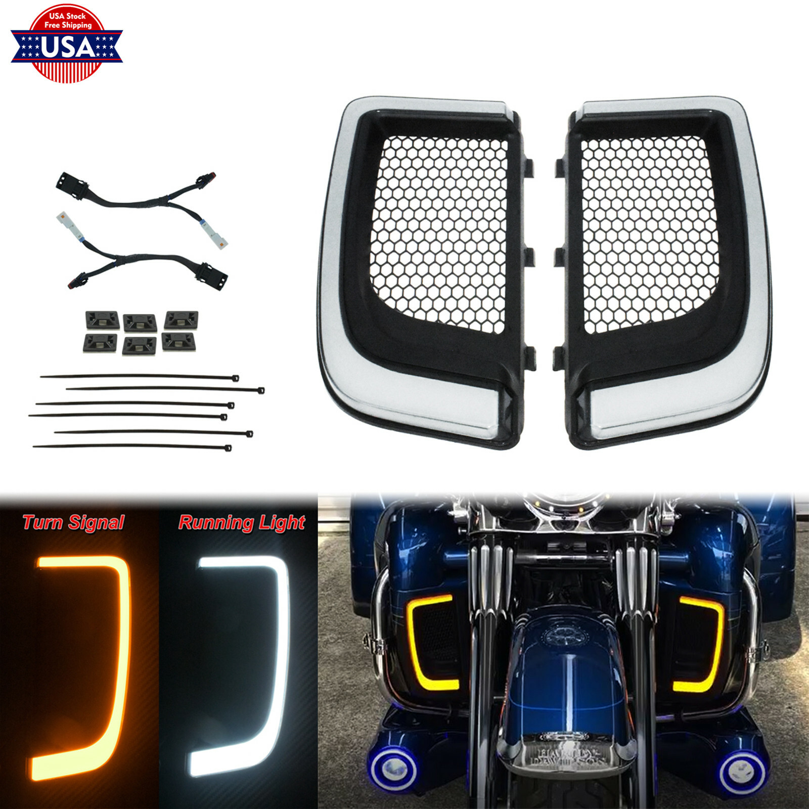 Fairing Lower Grills LED Turn Signal Lights Fit For Harley Touring Street Glide