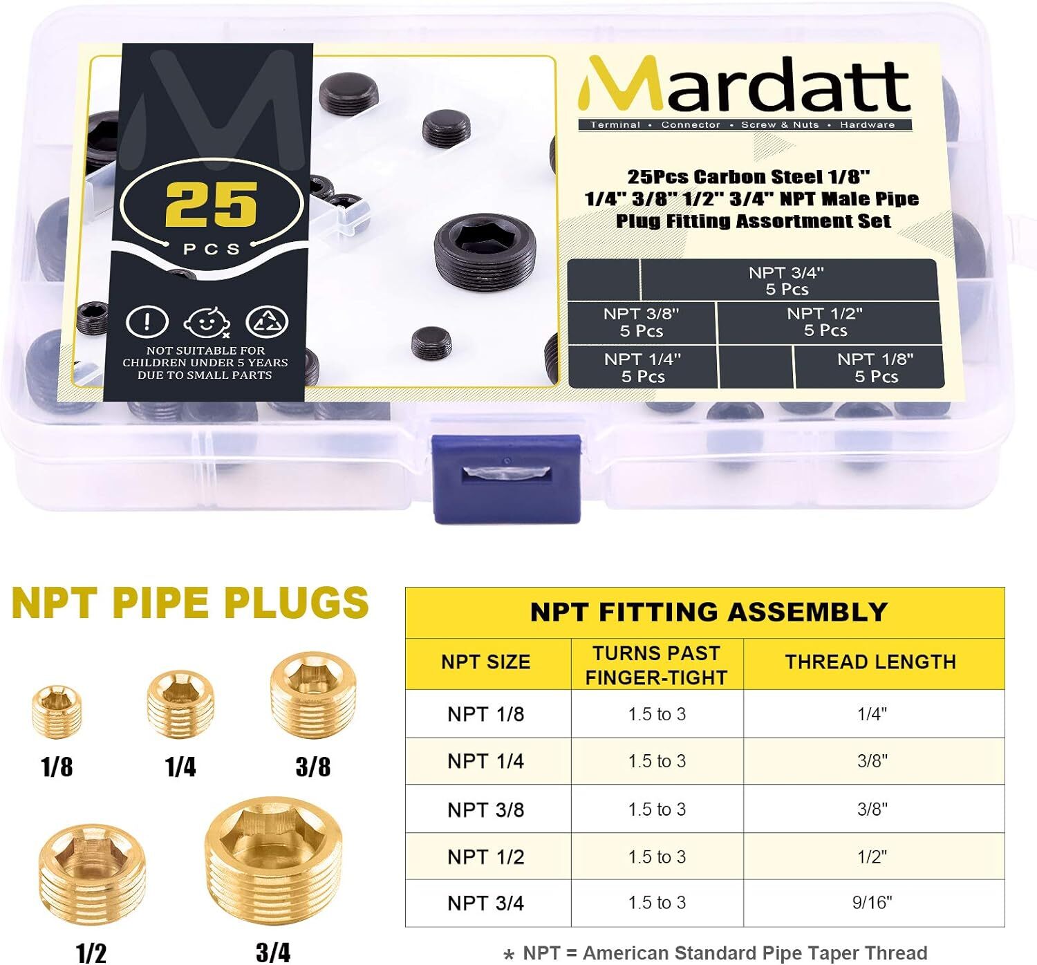 25Pcs NPT Plug Set Pipe Plug Assortment Kit 1/8" 1/4" 3/8" 1/2" 3/4" Carbon Stee