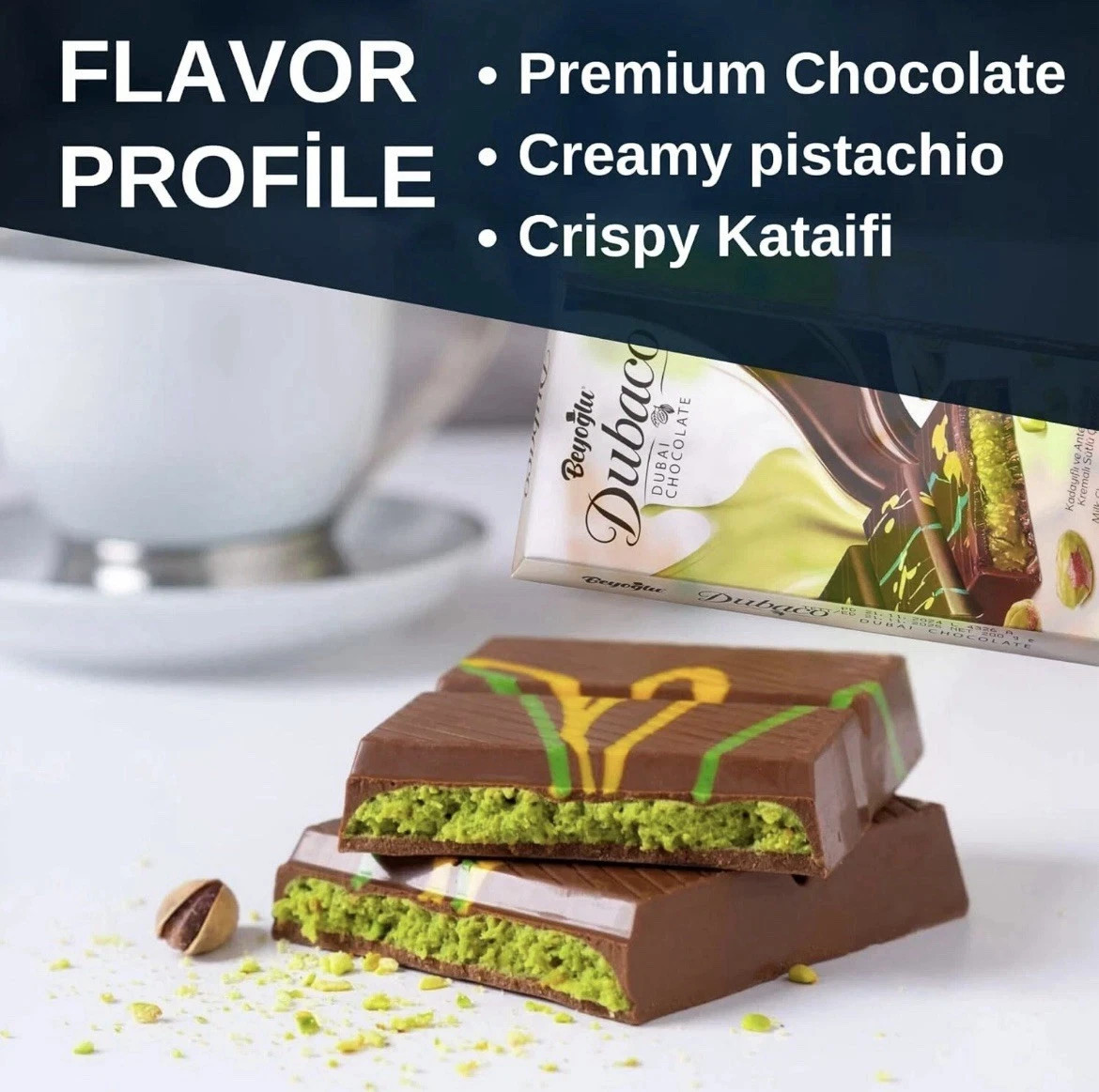 Dubai Chocolate Bar 95g - Viral Chocolate - Premium Hand Knafeh, Pistachio