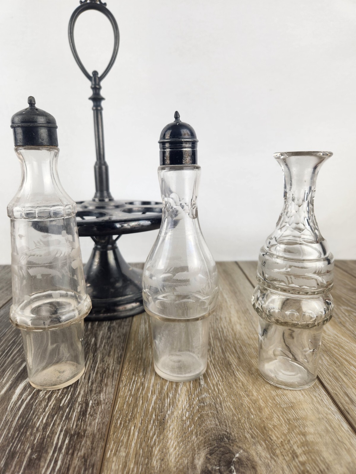 Antique Silver Plate Cruet Castor Condiment Serving Tray Set w/ 5 Bottles