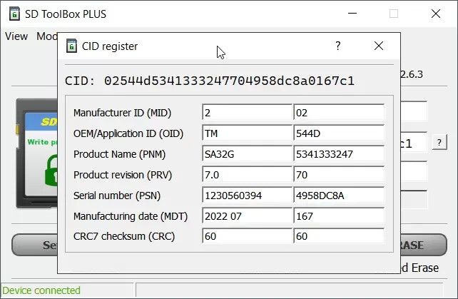 SD card toolbox PLUS. Read CID/CSD, set / remove password & write protection.