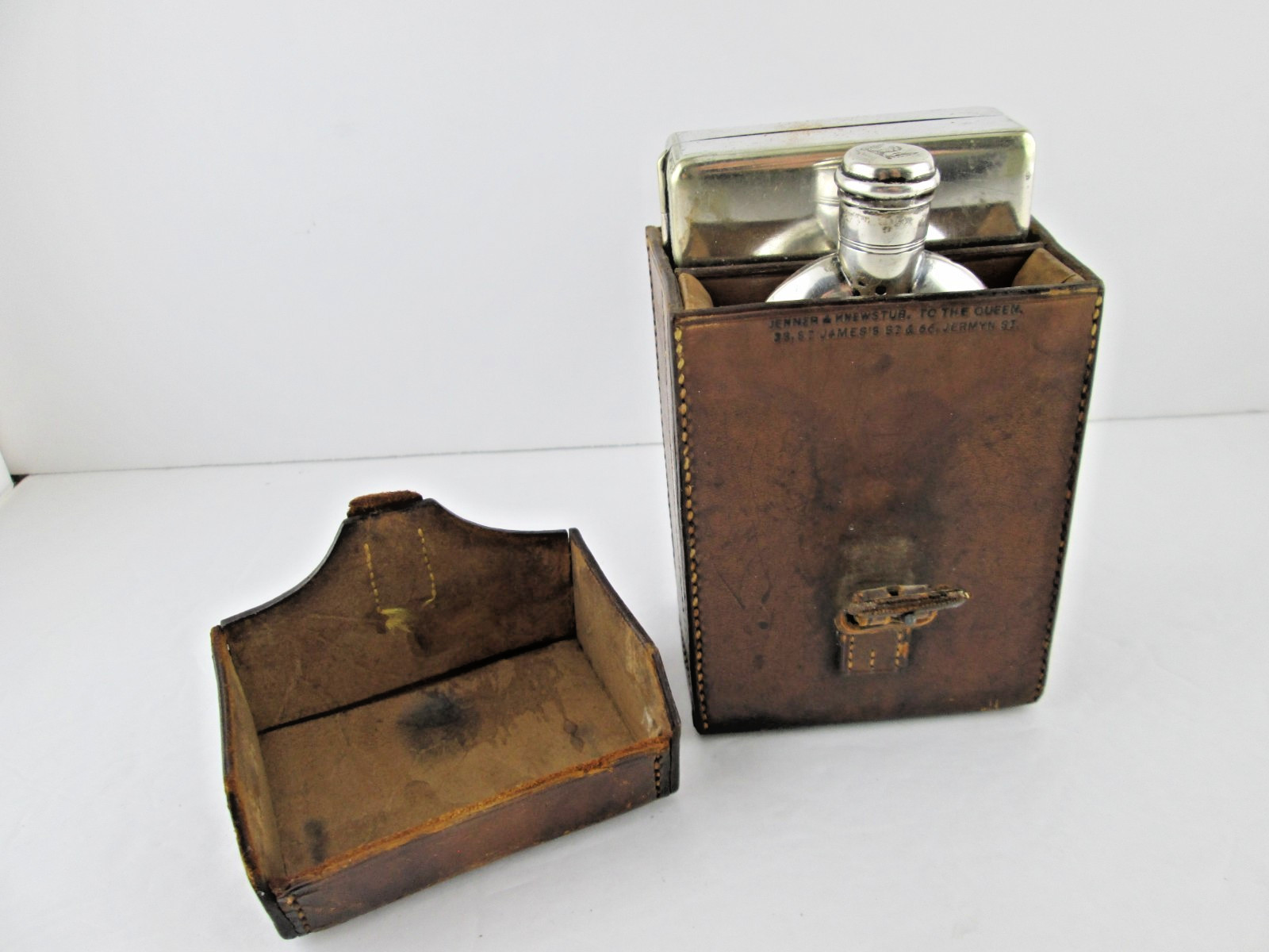 Victorian Antique Leather Case Sterling Silver Spirit Flask plus Cigarette Case