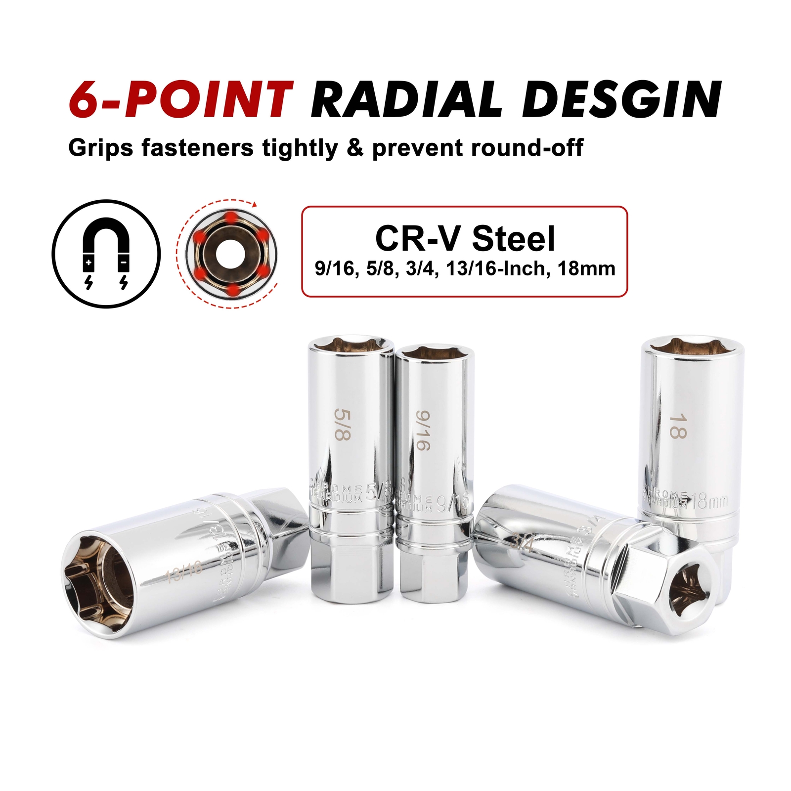 0PCS 3/8"Drive Magnetic Spark Plug Socket Set, 6PT&12PT Extension Bar CR-V Steel