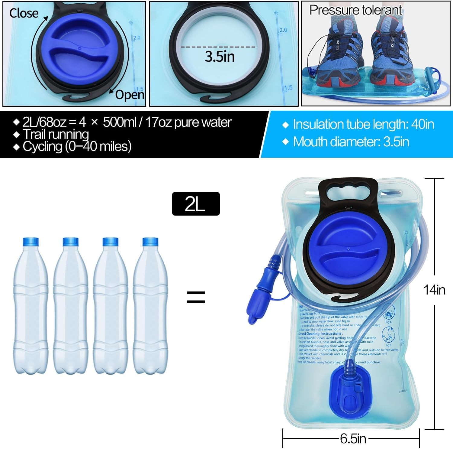 1.5L/2L/2.5L/3L Hydration Bladder, Large Opening Water Storage 2L, 1 Pack