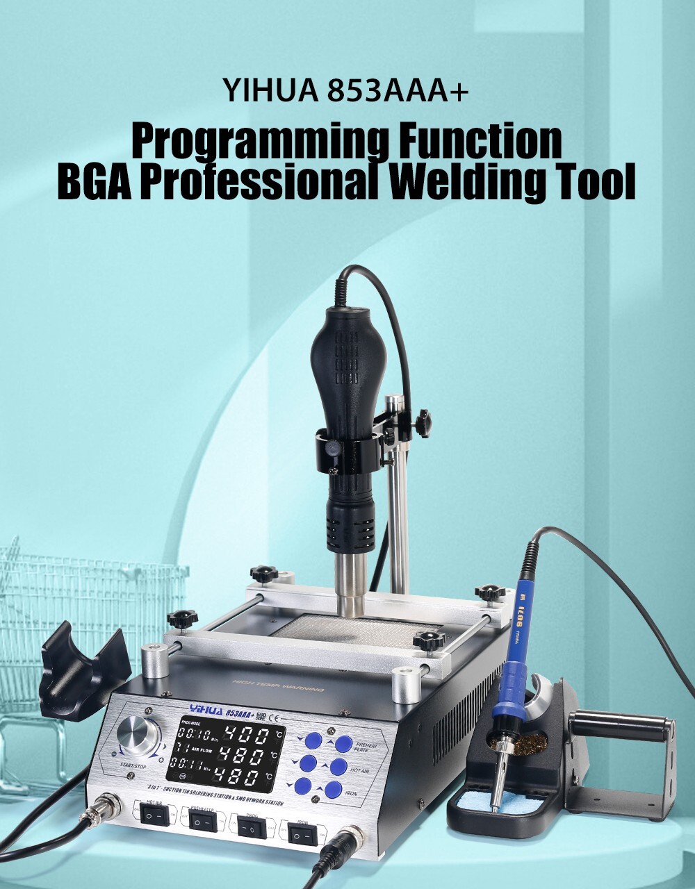 YIHUA 853AAA+ Welding Station Preheating Station Solder Iron Hot Air Gun 3 in 1