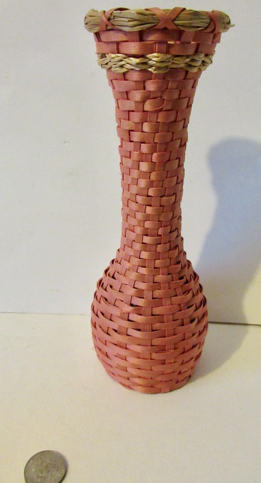 Tall Wabanaki Basketry covered glass vase; "Willow Tree" -Penobscot 2002