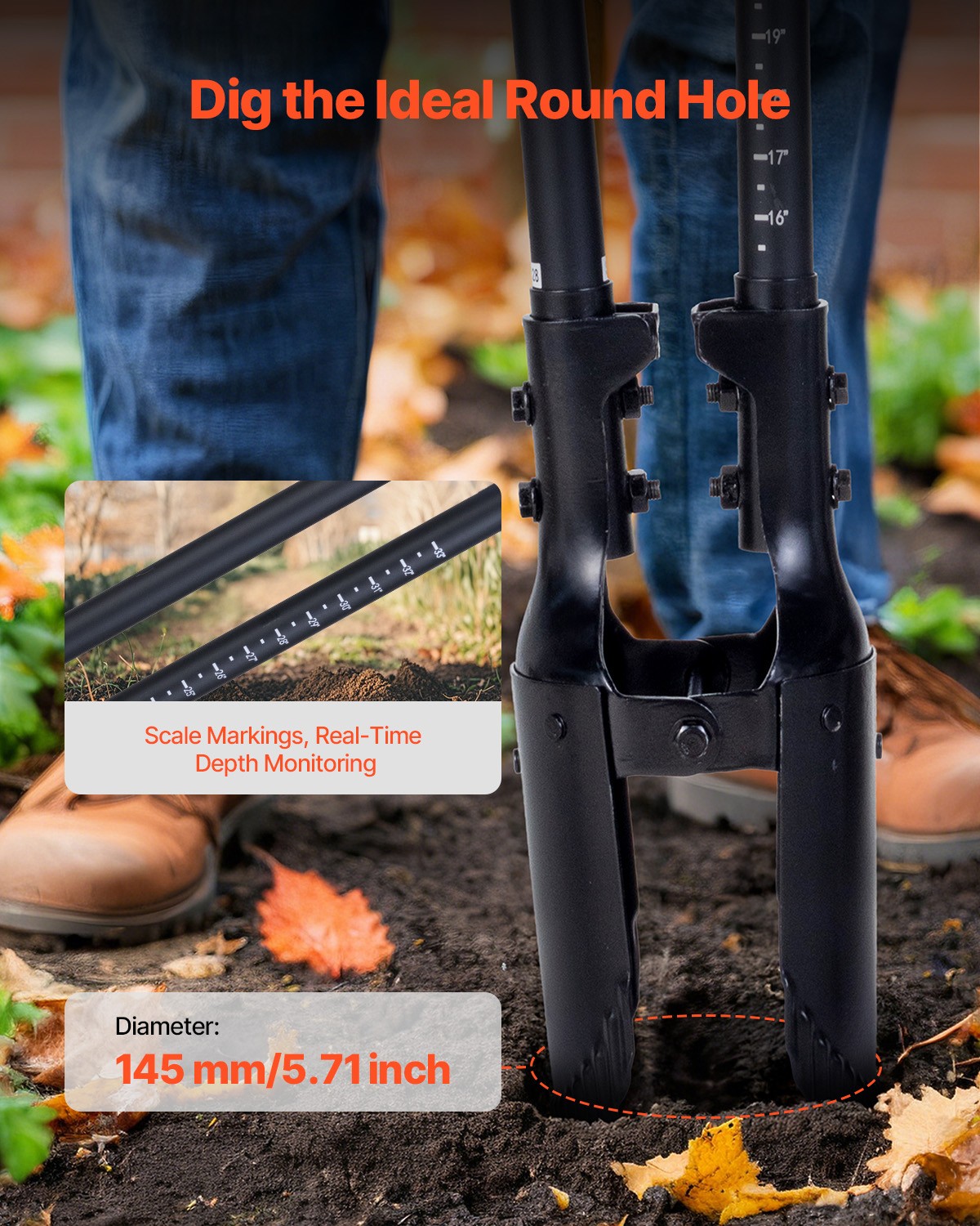 Manual Post Hole Digger 57.5 in Fiberglass Handle with Scale