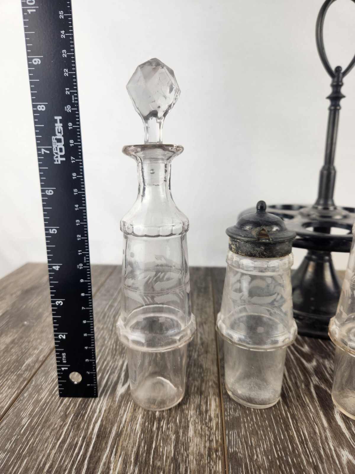 Antique Silver Plate Cruet Castor Condiment Serving Tray Set w/ 5 Bottles