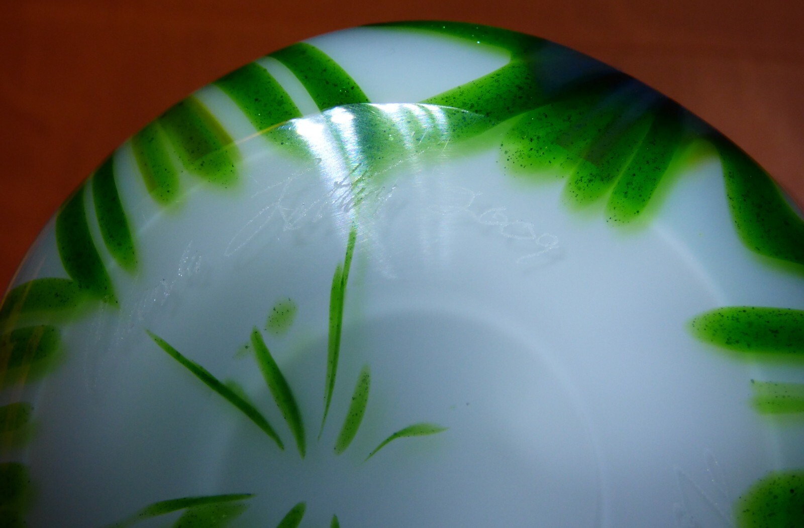 Charles Lotton Aventurine Art Glass Vase 2009 White/Green Pulled Feather 12 1/4"