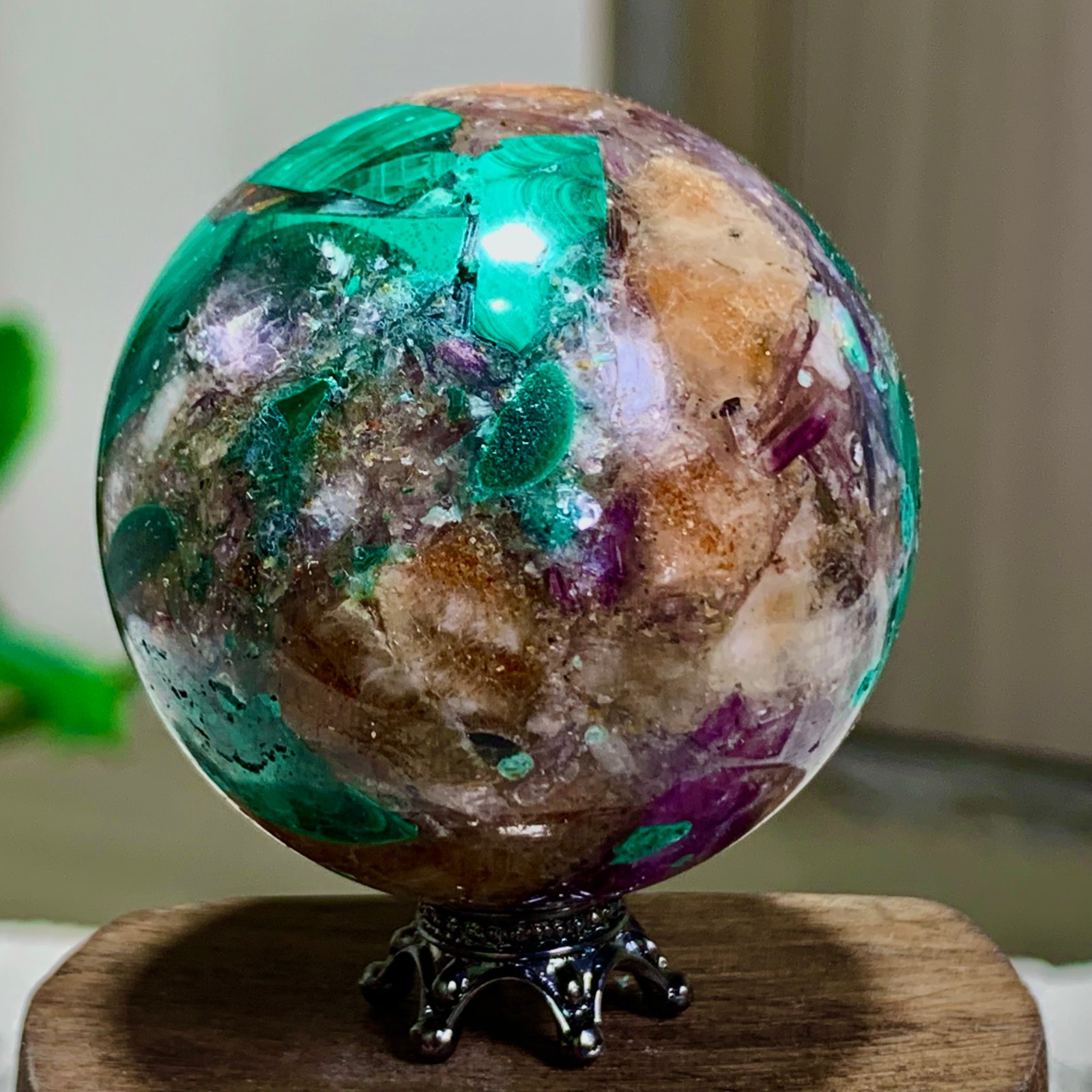 116G Newly discovered rare malachite purple mica symbiotic sphere restoration