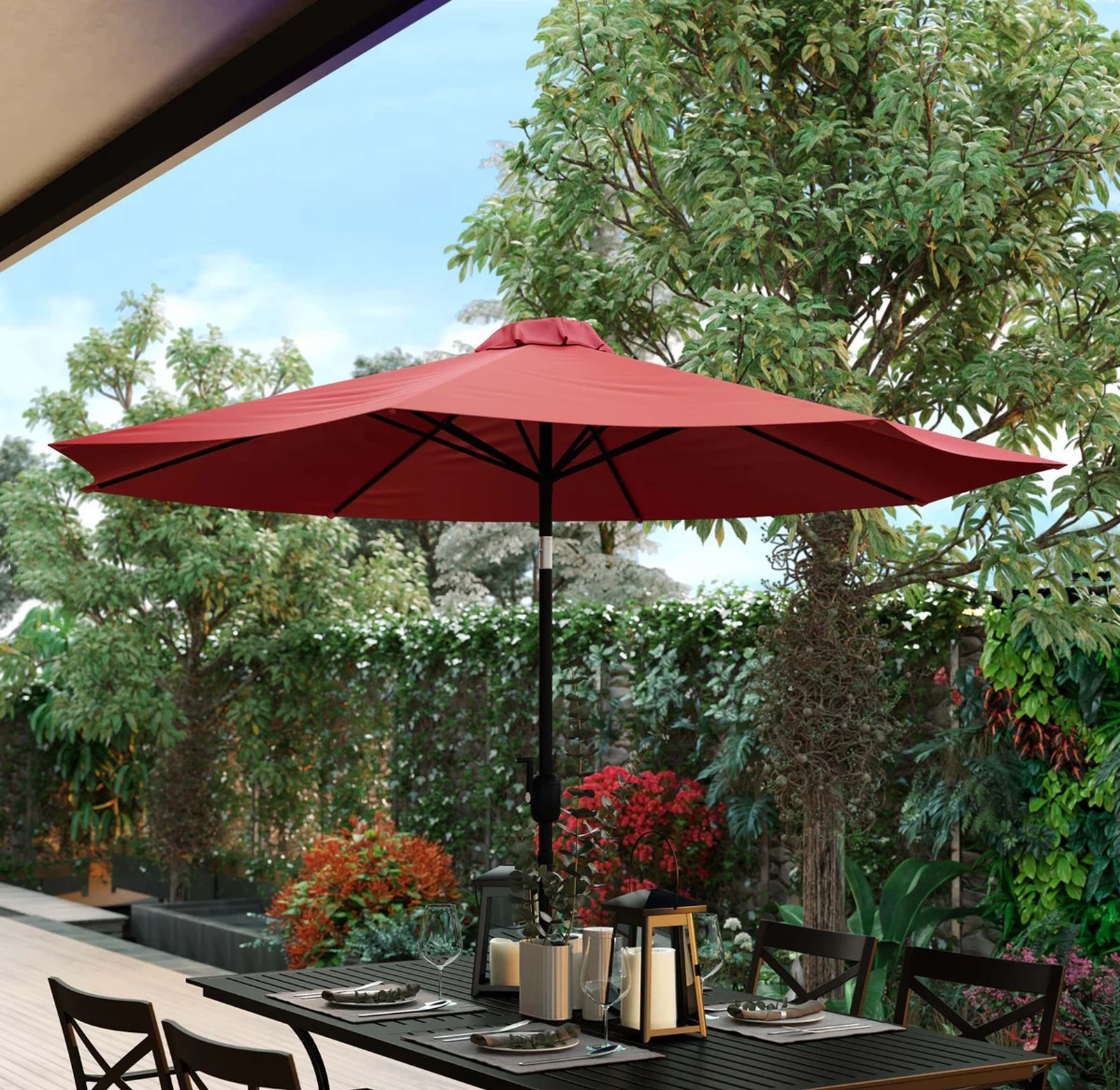 9 FT Outdoor Patio Round Umbrella Aluminum Pole Crank and Tilt Function RED