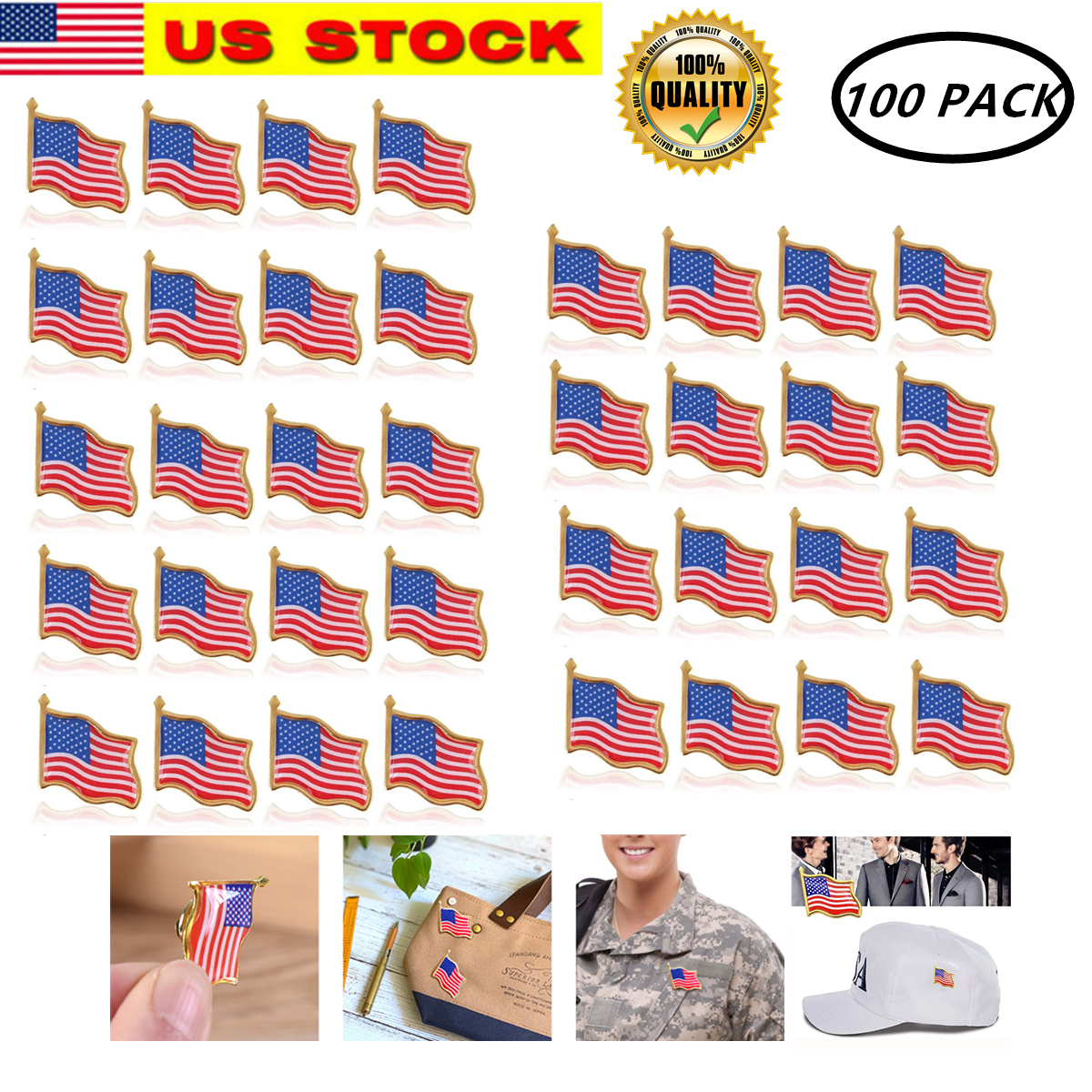 100 Pcs Unisex American Flag USA Label Pin Hat Tie Tack Badge