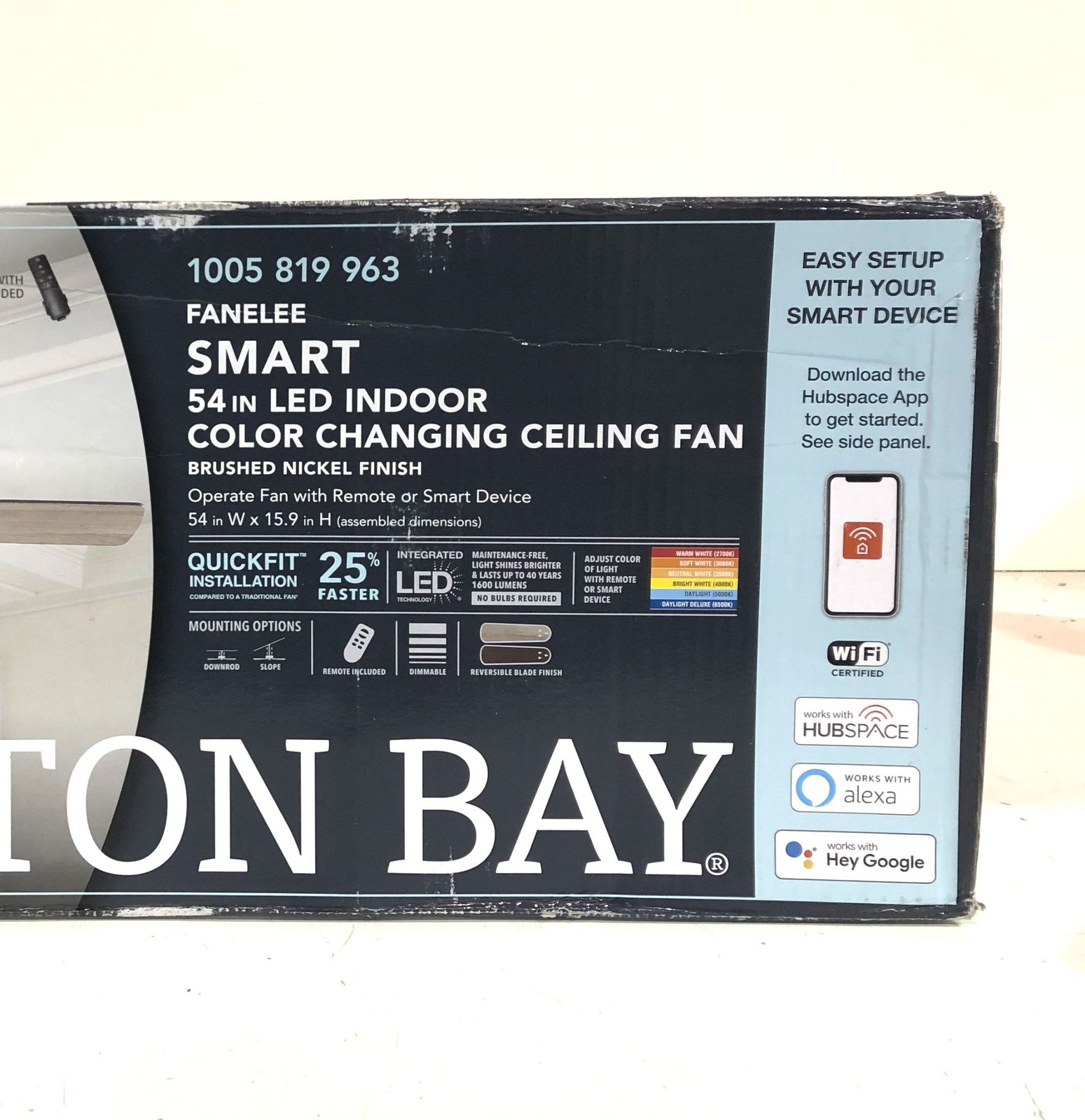 Hampton Bay Fanelee 54 in. LED Brushed Nickel Smart Ceiling Fan New