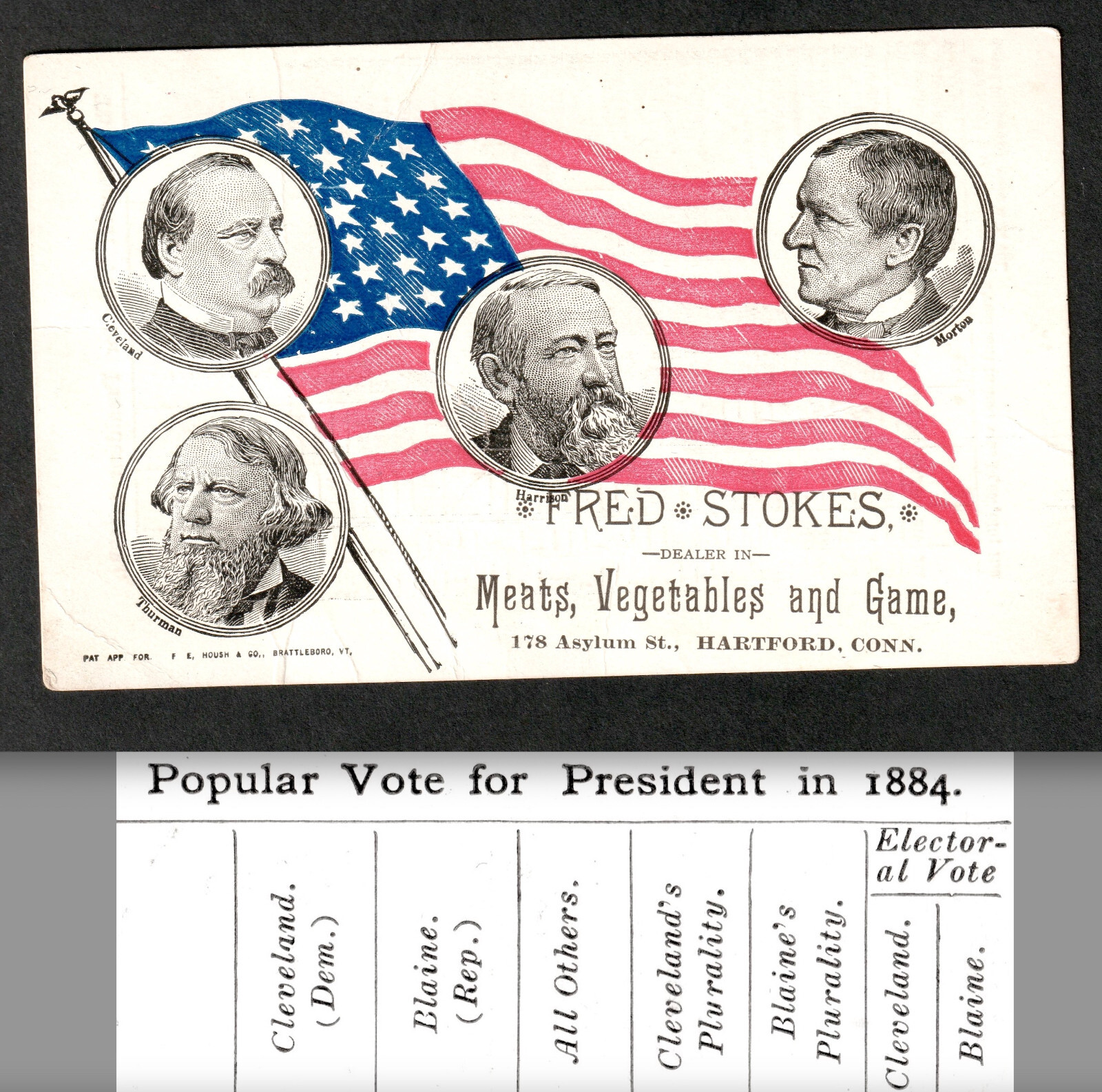 Pres. Grover Cleveland 1884 Election Fred Stokes Hartford CT Flag Adv Trade Card