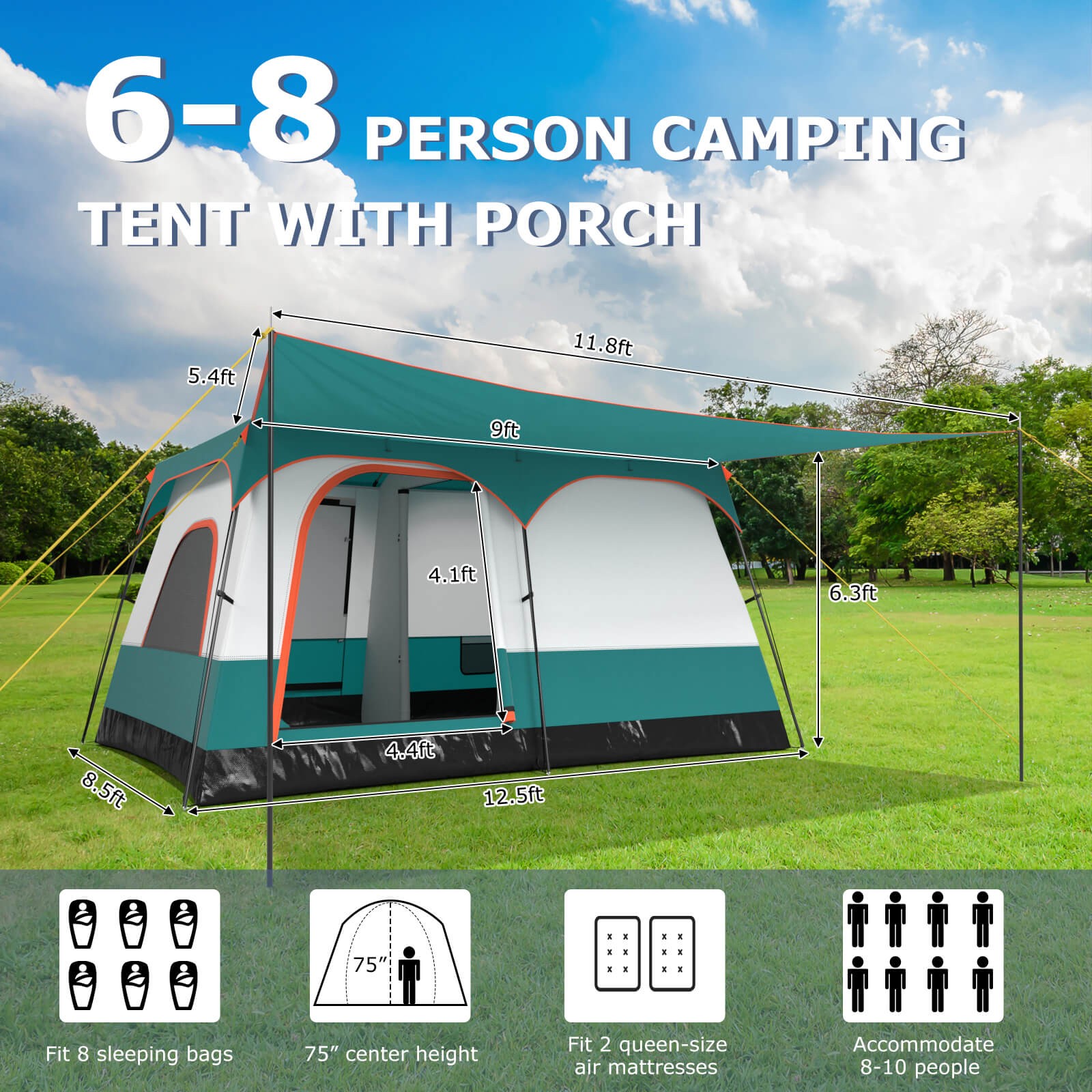 8-Person Camping Tent with Porch Large Family Cabin Tent with 2 Rooms 2 Doors