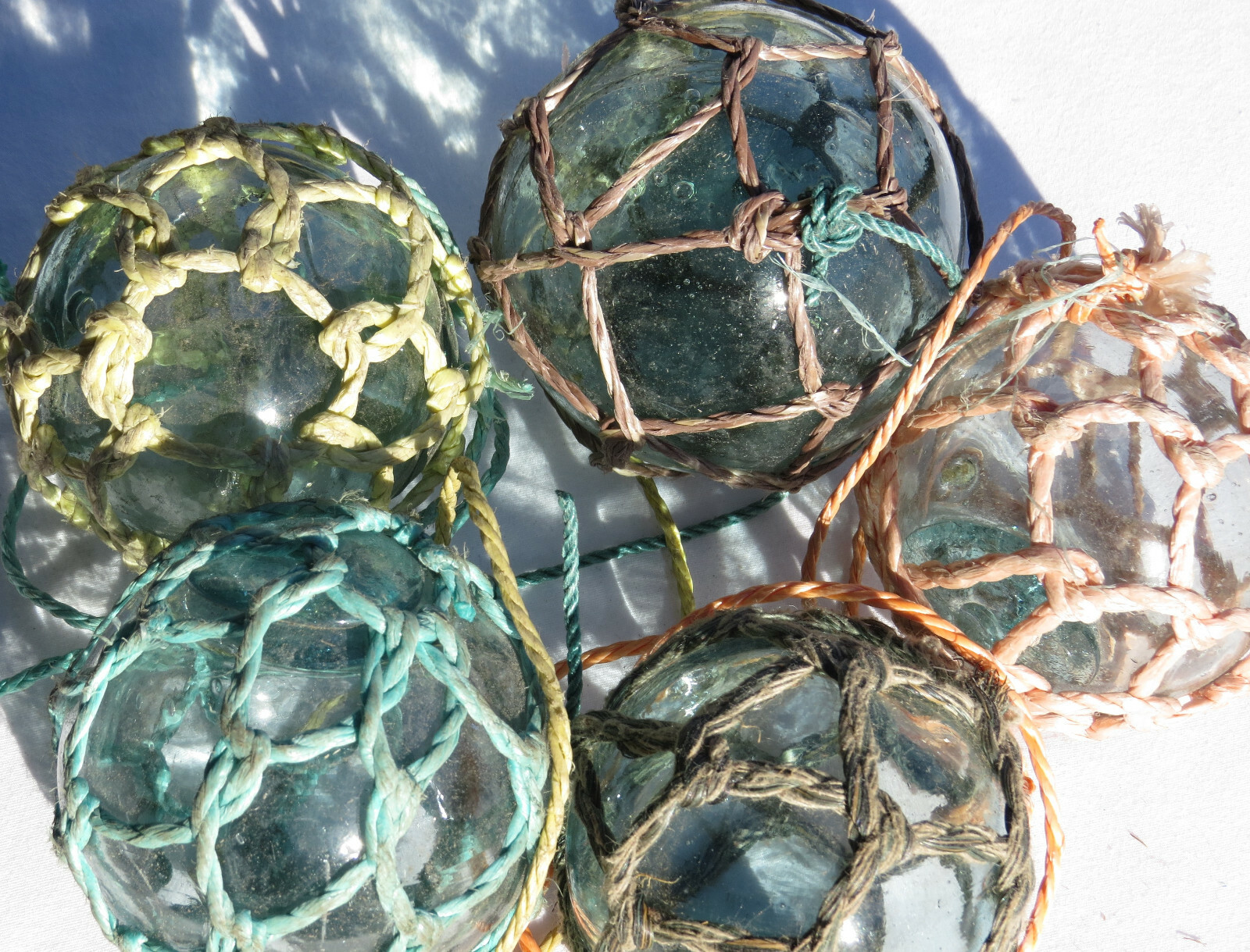Japanese Glass Fishing FLOATS 3-3.5" Netted (5) FIVE Variable Nets Buoy Vintage