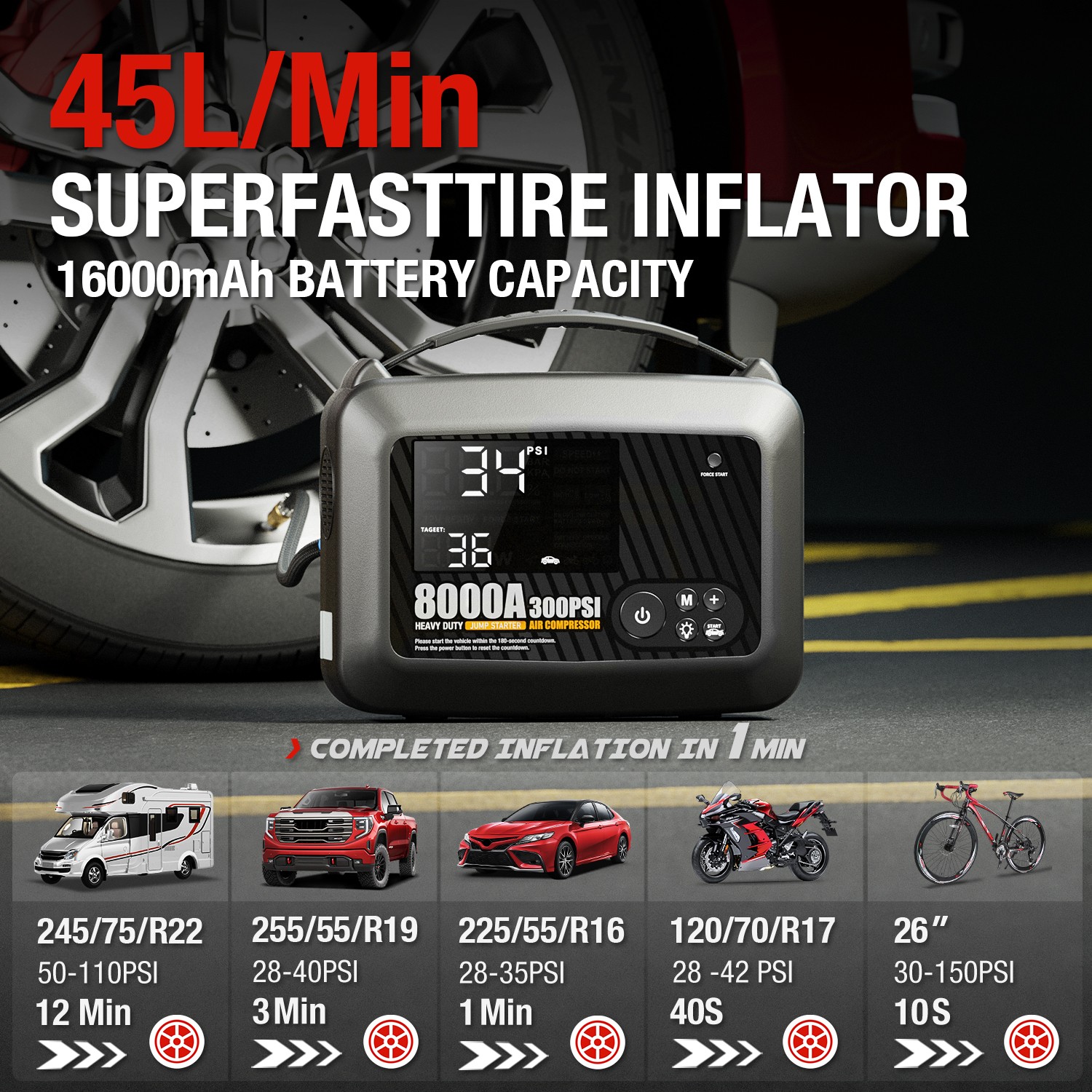 Truck Heavy Duty 8000A Jump Starter with Air Compressor Power Bank Battery Safe