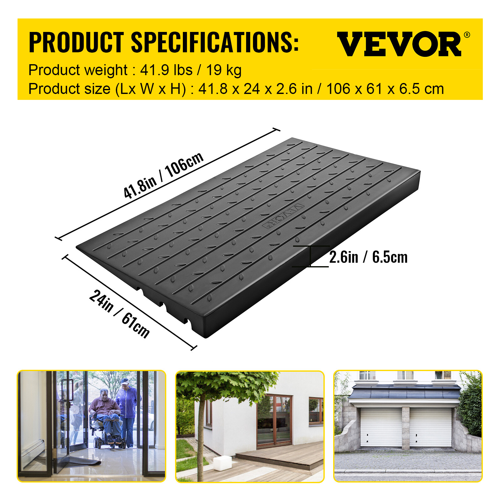 VEVOR 2.6" Rubber Kerb Ramp Threshold Ramp 2200lbs Load for Wheelchair Access