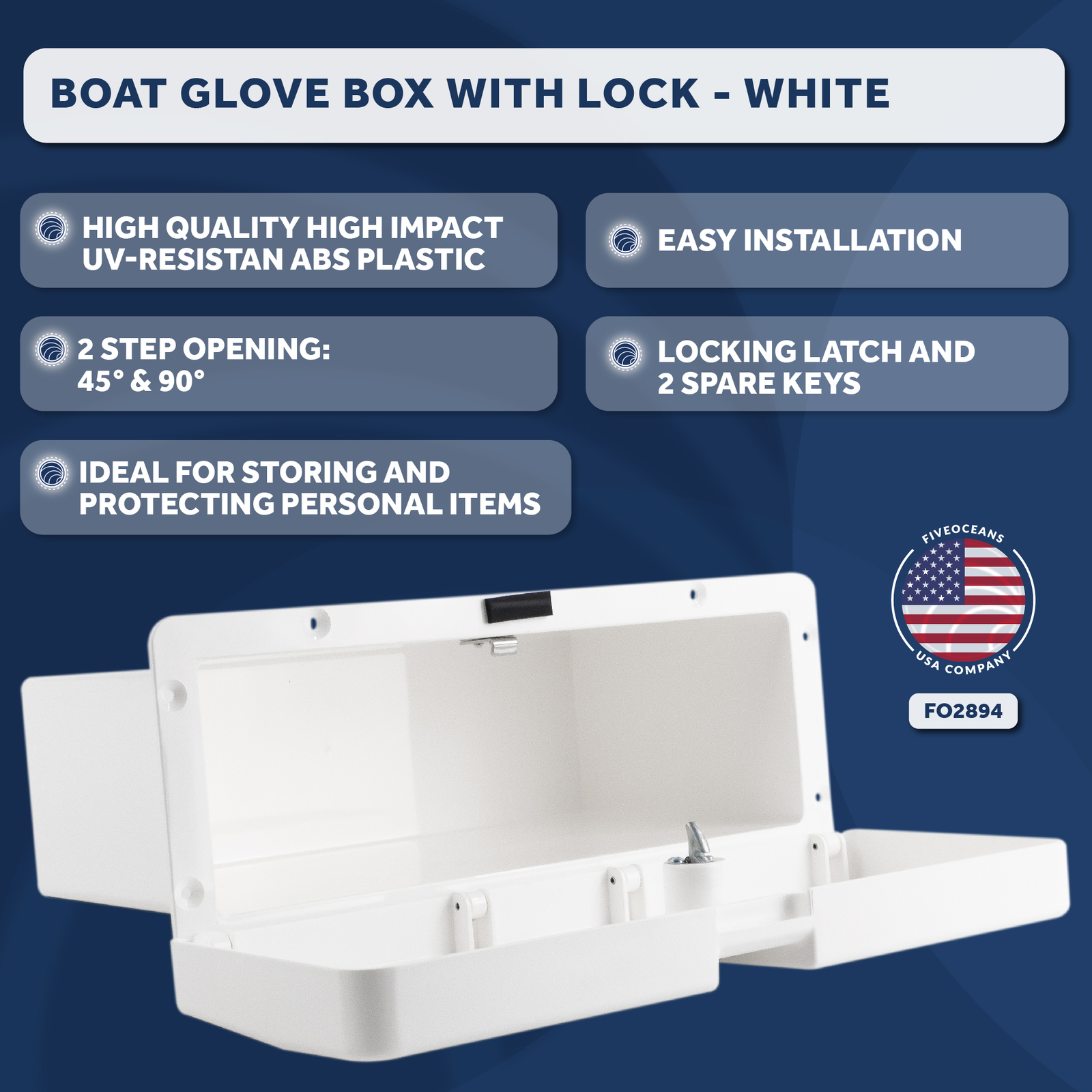 Boat Glove Box, Lockable with 2 Keys, High-Impact and UV-Resistant White Plastic