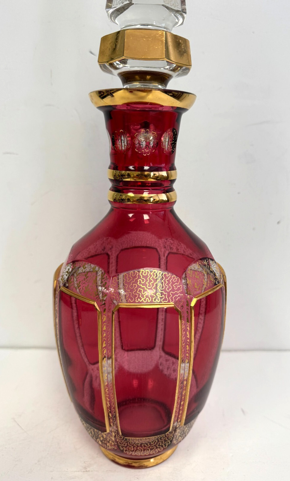 Vintage Bohemian Cranberry Crystal Decanter 18.25" H w/Gold Accents Moser?