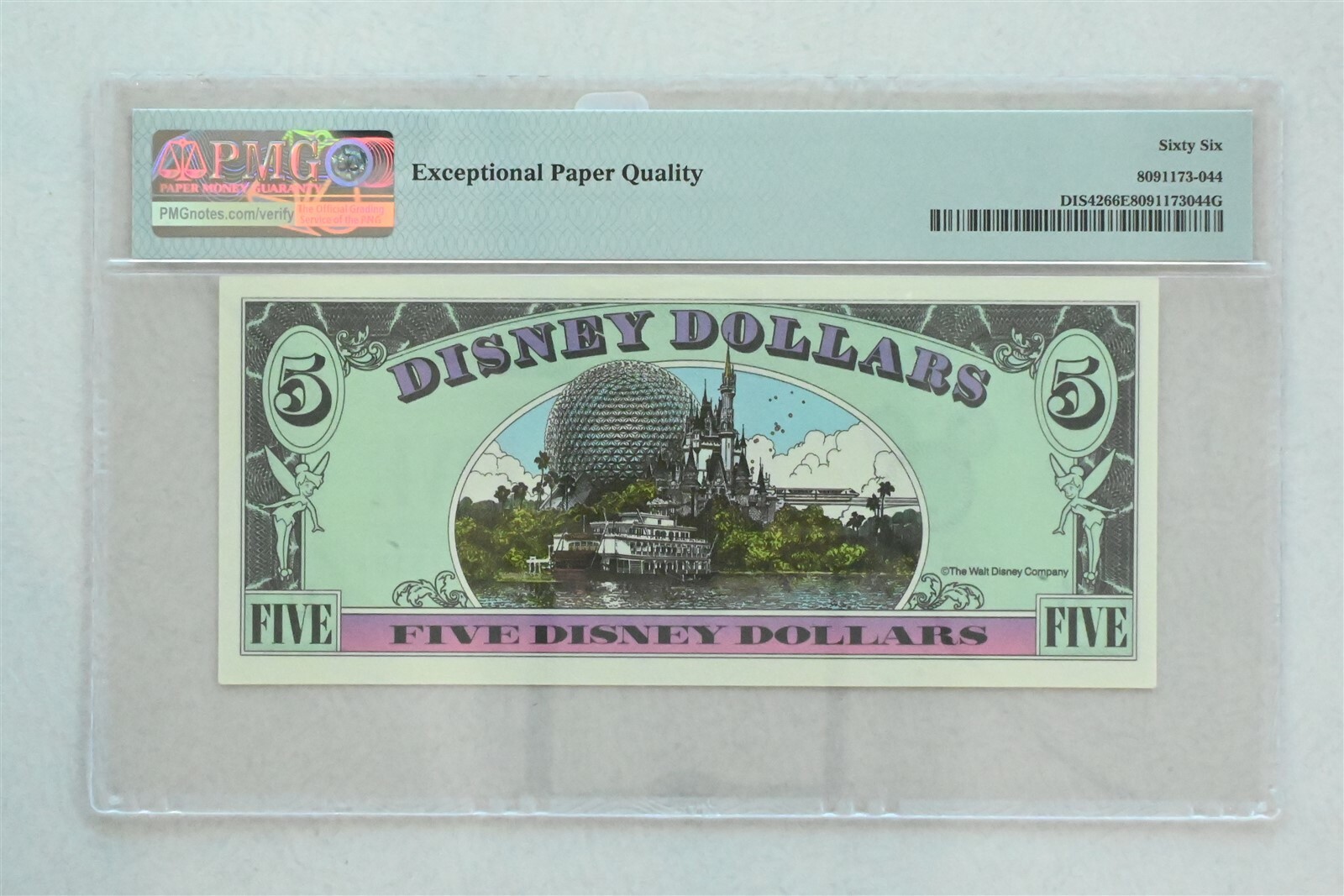Disney Dollar 1996 $5 PMG Gem UNC 66EPQ DIS42. Goofy. View of Walt Disney Worl