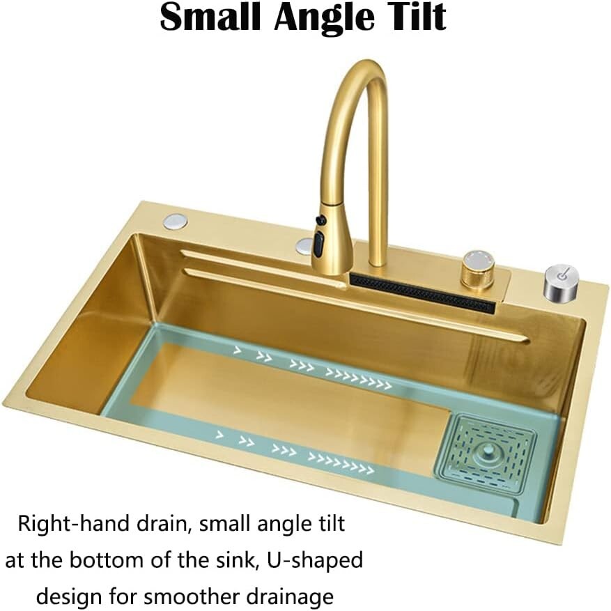 Flying Rain Stainles Steel Watefall Kitchen Sink w PullDown Faucet Gold 29.5INCH