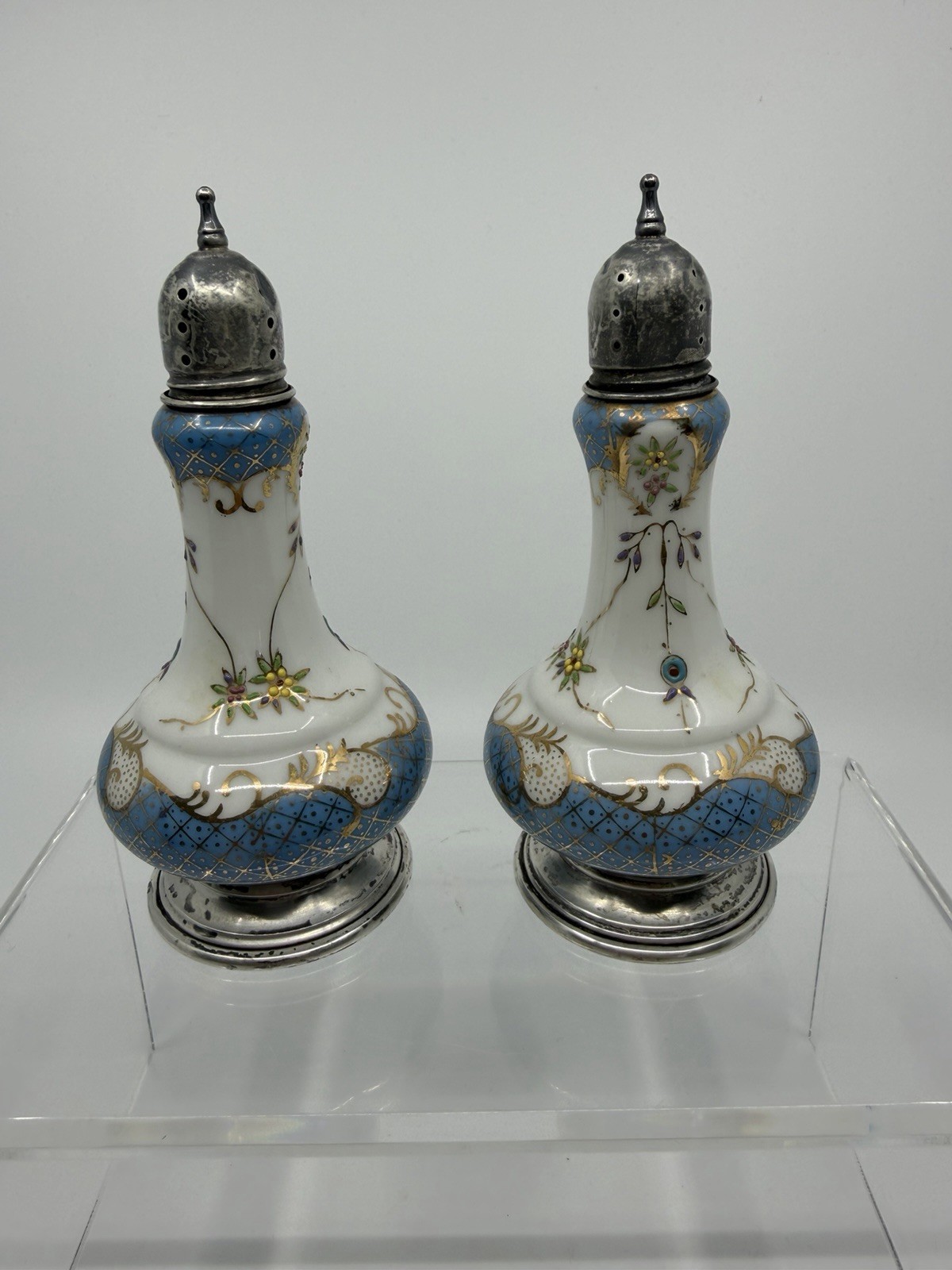 Antique Ornate Porcelain China Salt And Pepper Shakers Sterling Silver