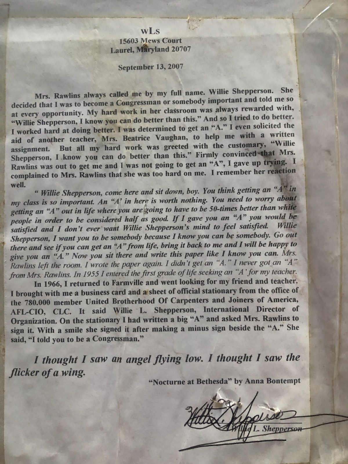 2005 painting by WILLIE L SHEPPERSON Mrs. Rawlins (?), his teacher civil rights