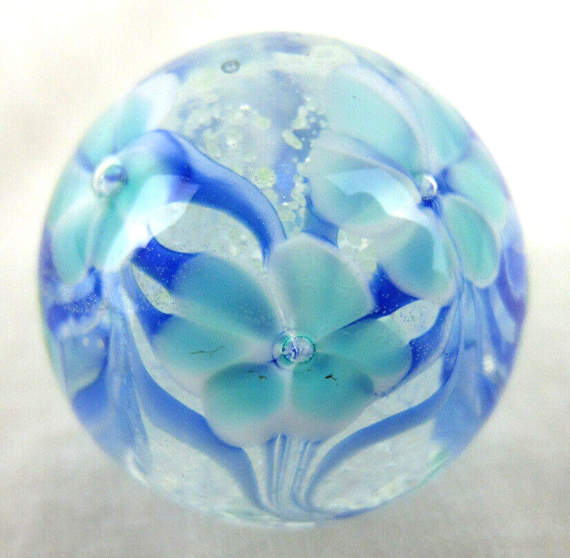 22mm ASTER Blue Flower GLOW IN THE DARK Handmade art glass Marble 7/8" SHOOTER