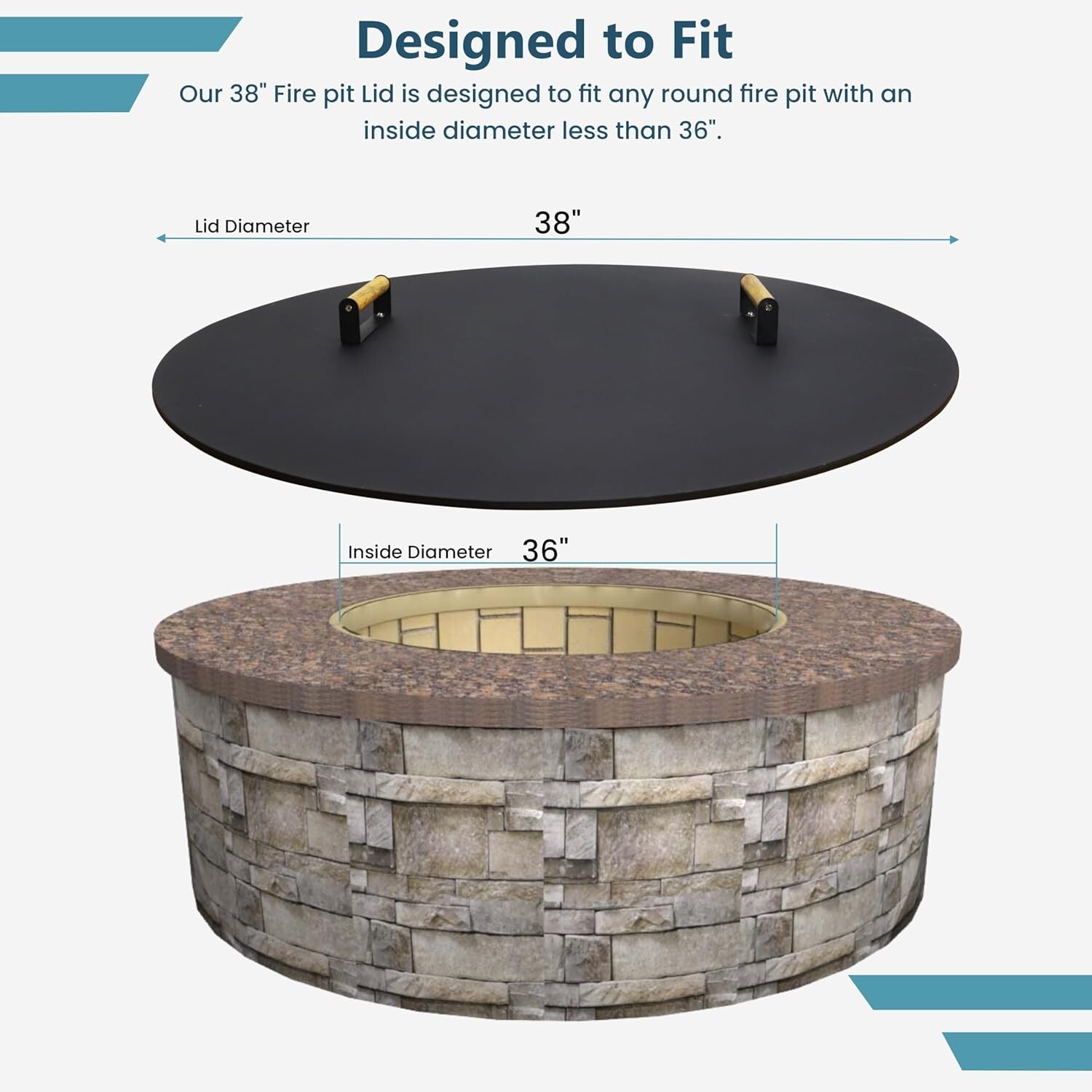 Round Fire Pit Lid - 38 inch fire pit lid Metal W/Wooden Handles Fit