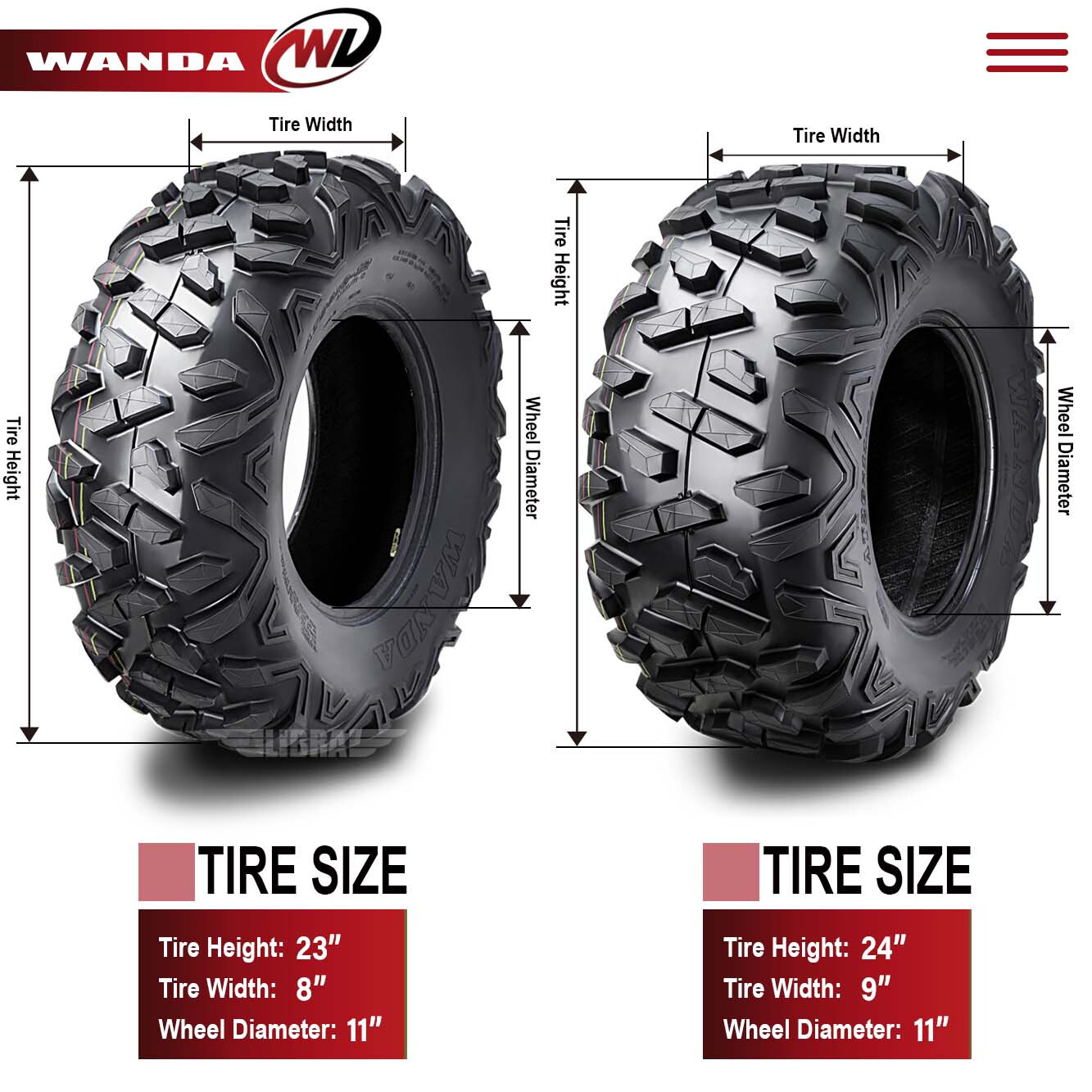 Set 4 WANDA ATV tires 23x8-11 & 24x9-11 for 88-00 Honda TRX300 4x4 P350