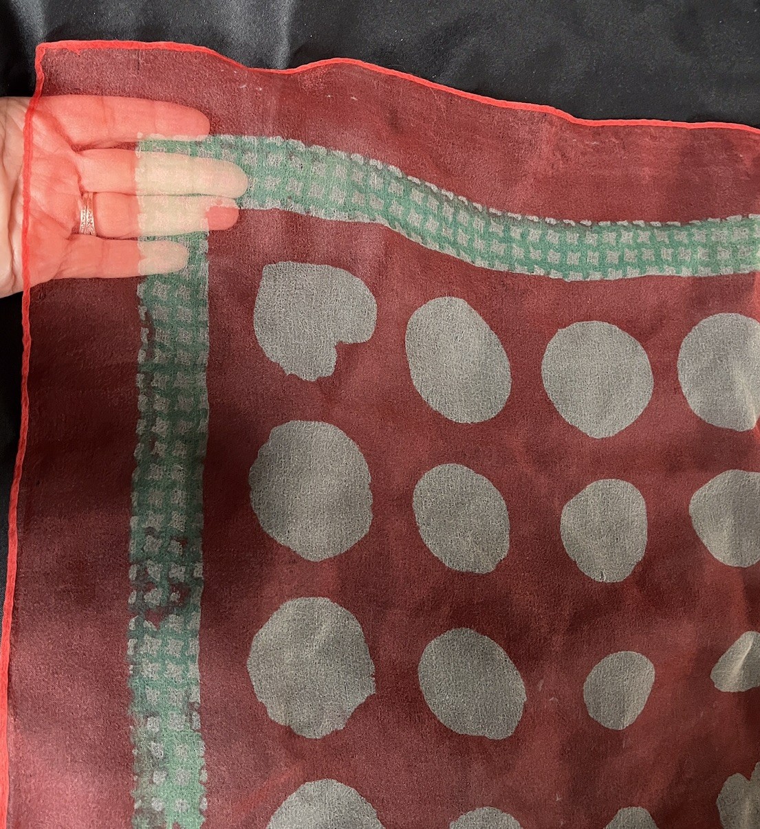 Vtg Sheer Chiffon Nylon SCARF Red Green White Polka Dots Scarf MCM 26” Sq