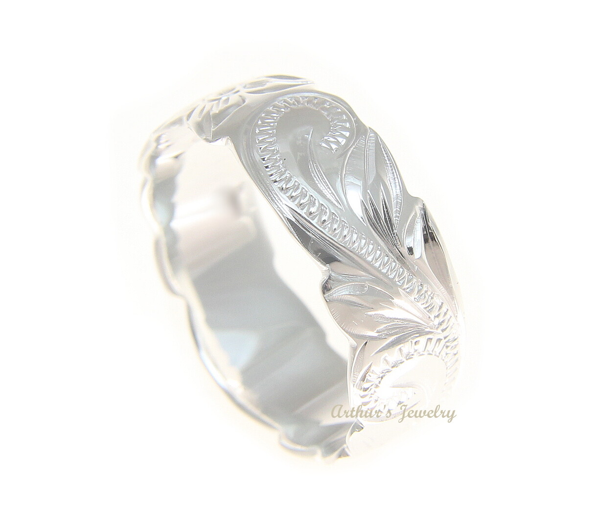 12MM SILVER 925 HAWAIIAN BAND RING PLUMERIA FLOWER SCROLL SCALLOP CUT OUT EDGE