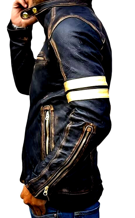 Men's Leather Jacket Motorcycle Distressed Café Racer Black Genuine Lambskin