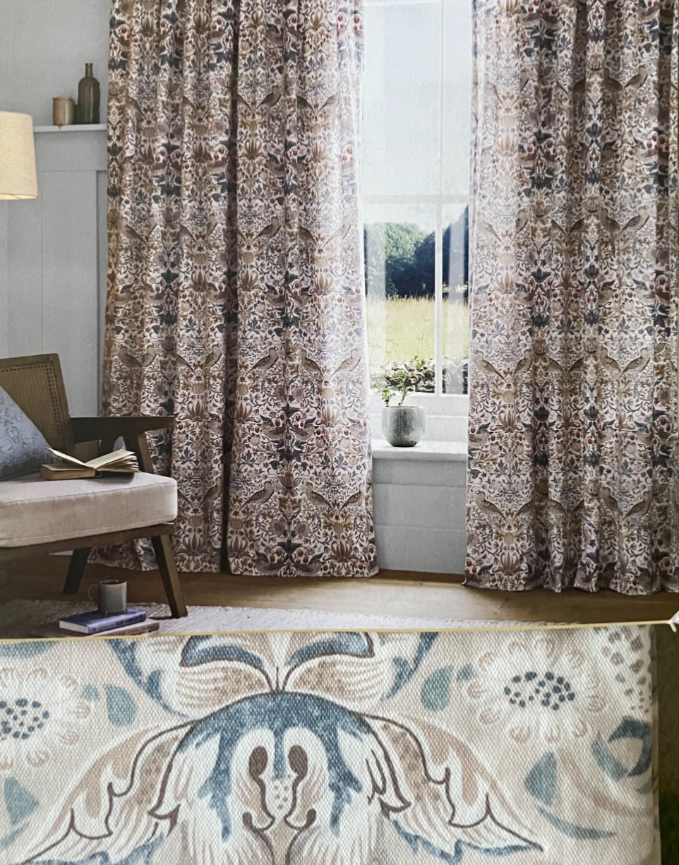 NEW William Morris 2pc BLACKOUT Strawberry Thief Hessian Window Curtain 50"x96"