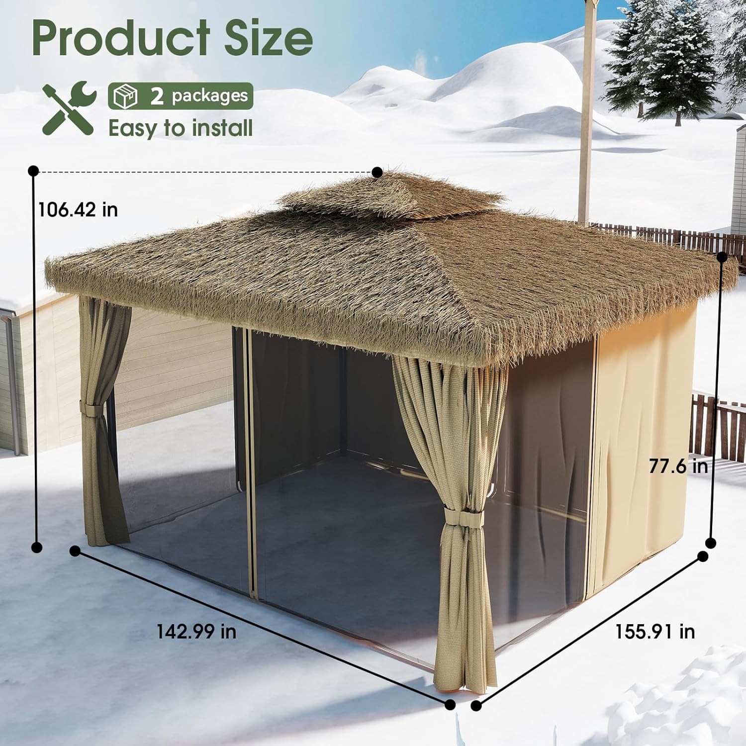 Double Thatched Roof Canopy,Outdoor Aluminum Frame Gazebo with Curtains Netting