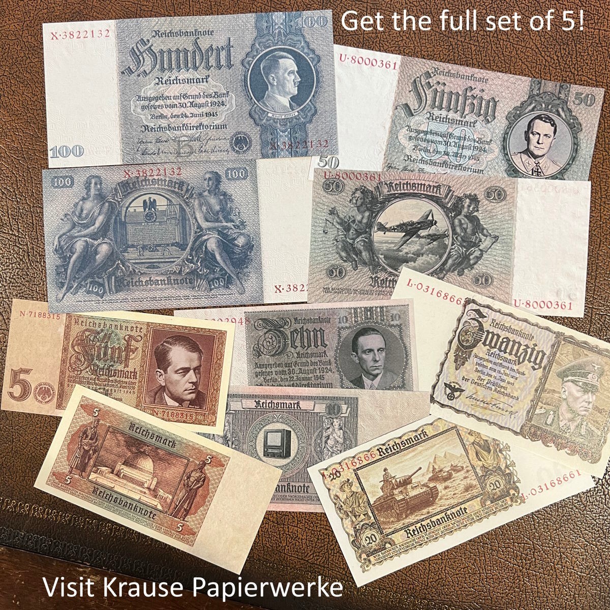 1945 Germany 5 3rd Reich set of Reichsmark banknotes. Hitler, Goebbels, Goering.