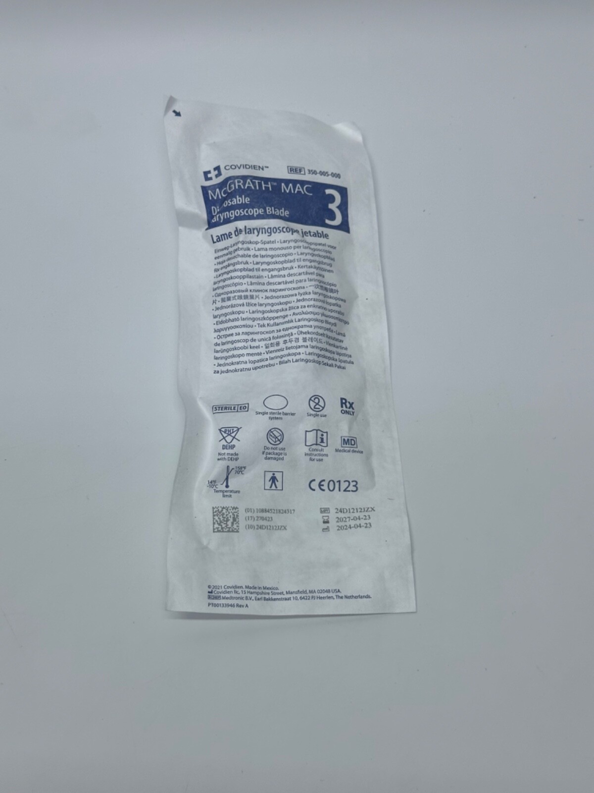 1 ea LMcGrath MAC #3 Disposable Laryngoscope Blade 350-005-000 Exp: 4/2027