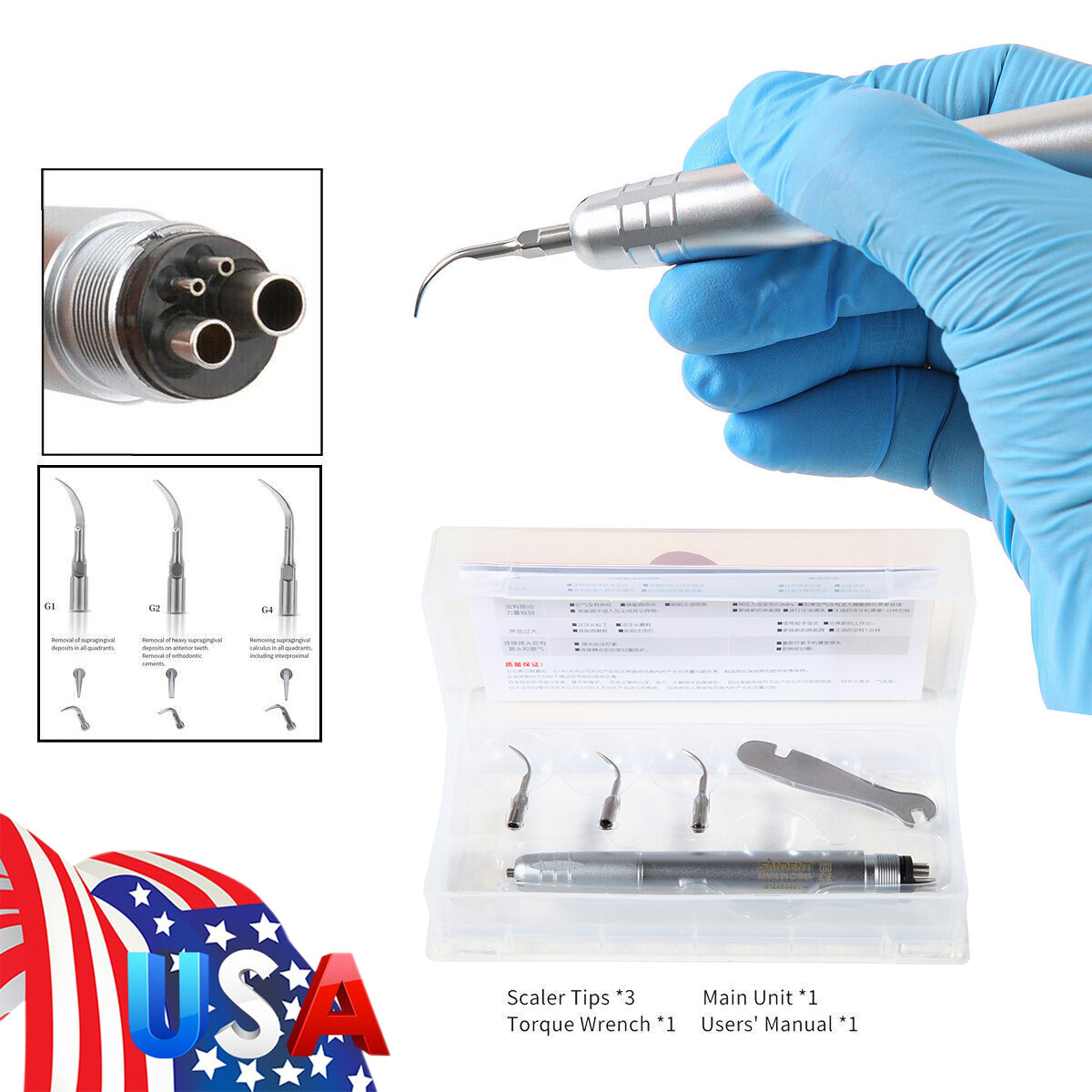 USA Dental Ultrasonic Air Perio Scaler Handpiece Hygienist 2 & 4-Holes 3 Tips CE