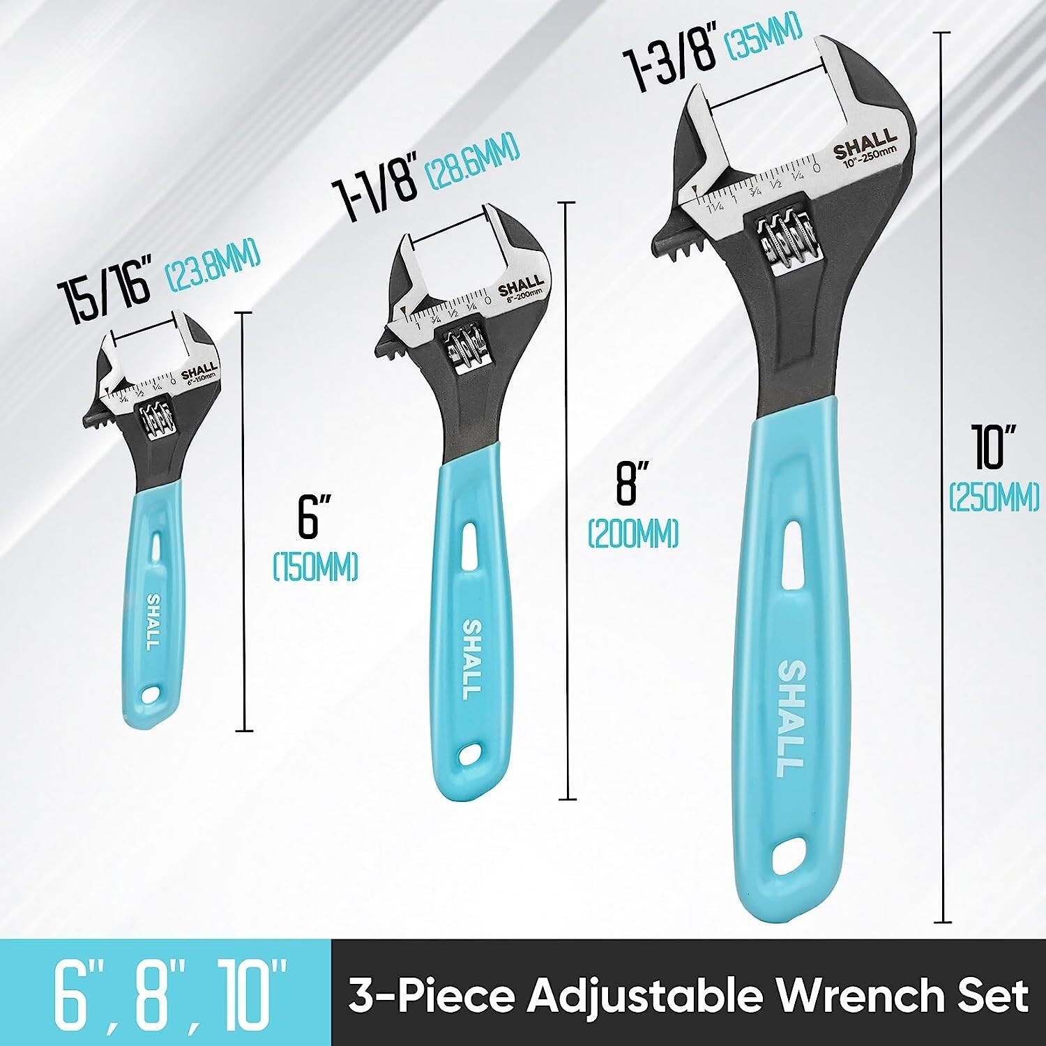 SHALL 3 Pc Adjustable Wrench Set,10/8/6 Inch Cr-V Steel Wrench with Cushion Grip