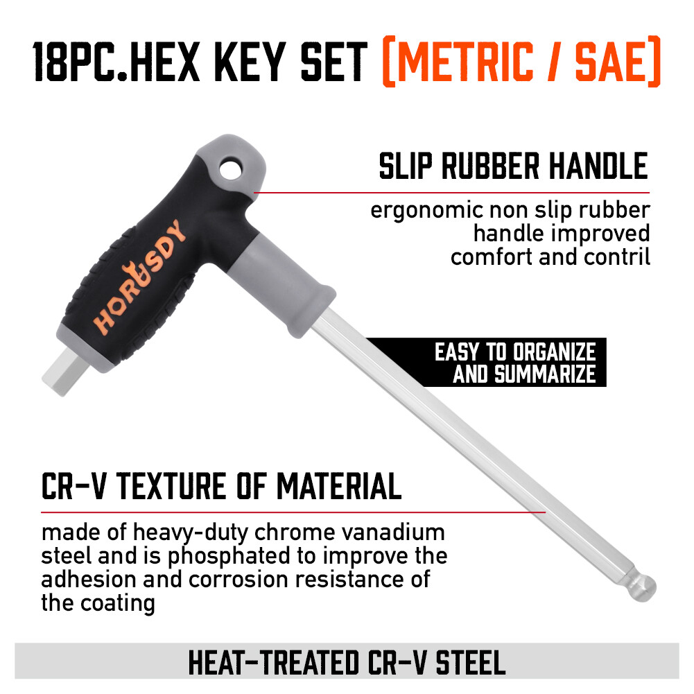 SAE & Metric T Handle Allen Wrench Ball End Hex Key Set w/Storage Stand Long Arm