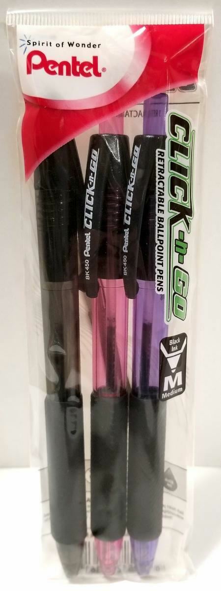 NEW Pentel Click-N-Go Ballpoint Pen 3-Pack BLACK INK 1.0mm Tip BK450 Retractable
